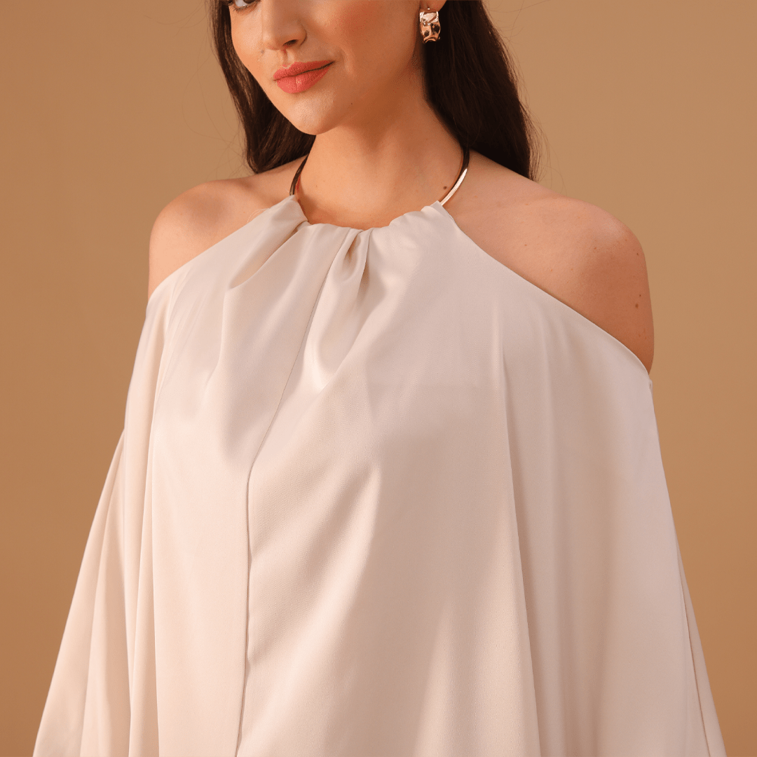 Ivory Gathered Neck With Accessory Maxi Dress - shopaleena