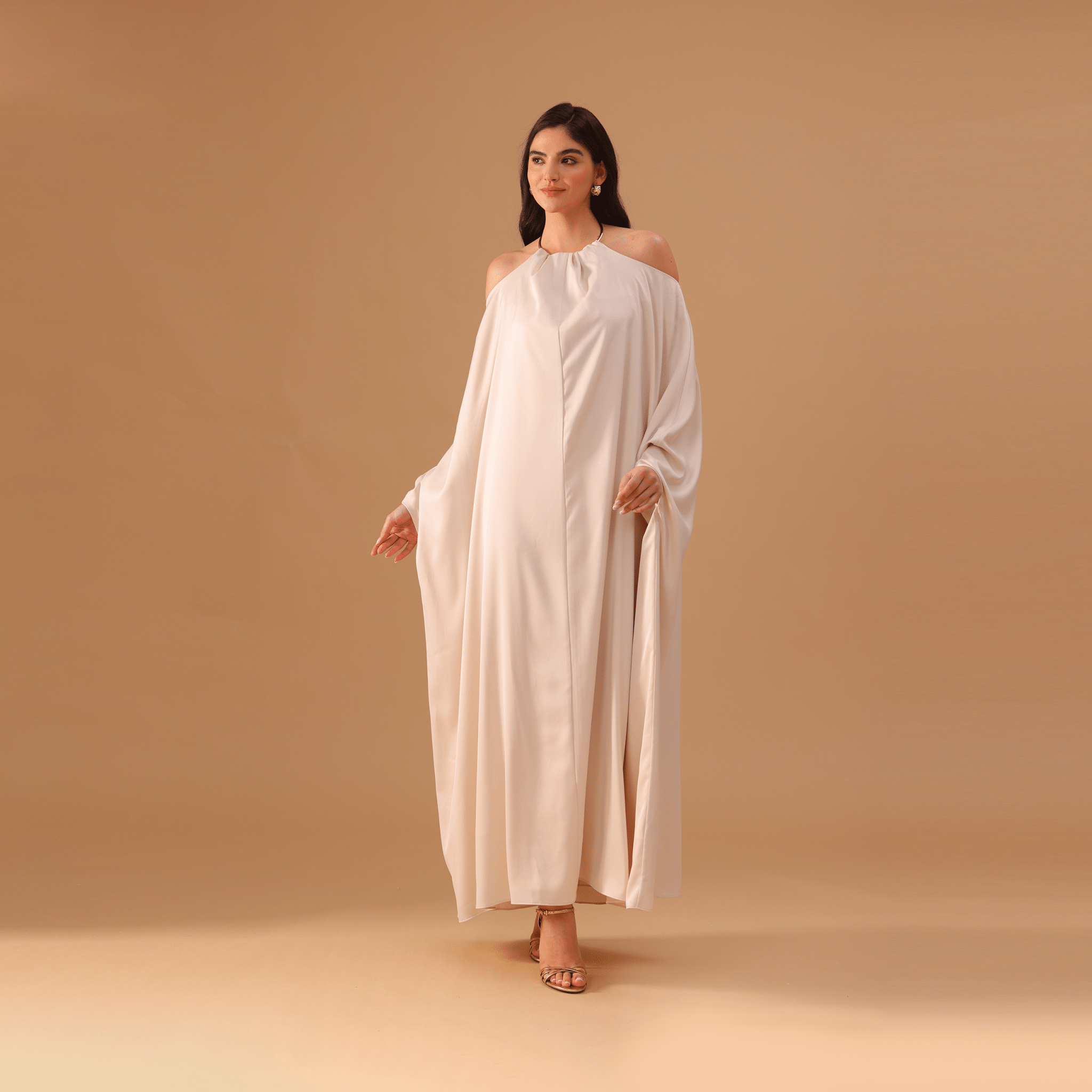 Ivory Gathered Neck With Accessory Maxi Dress - shopaleena