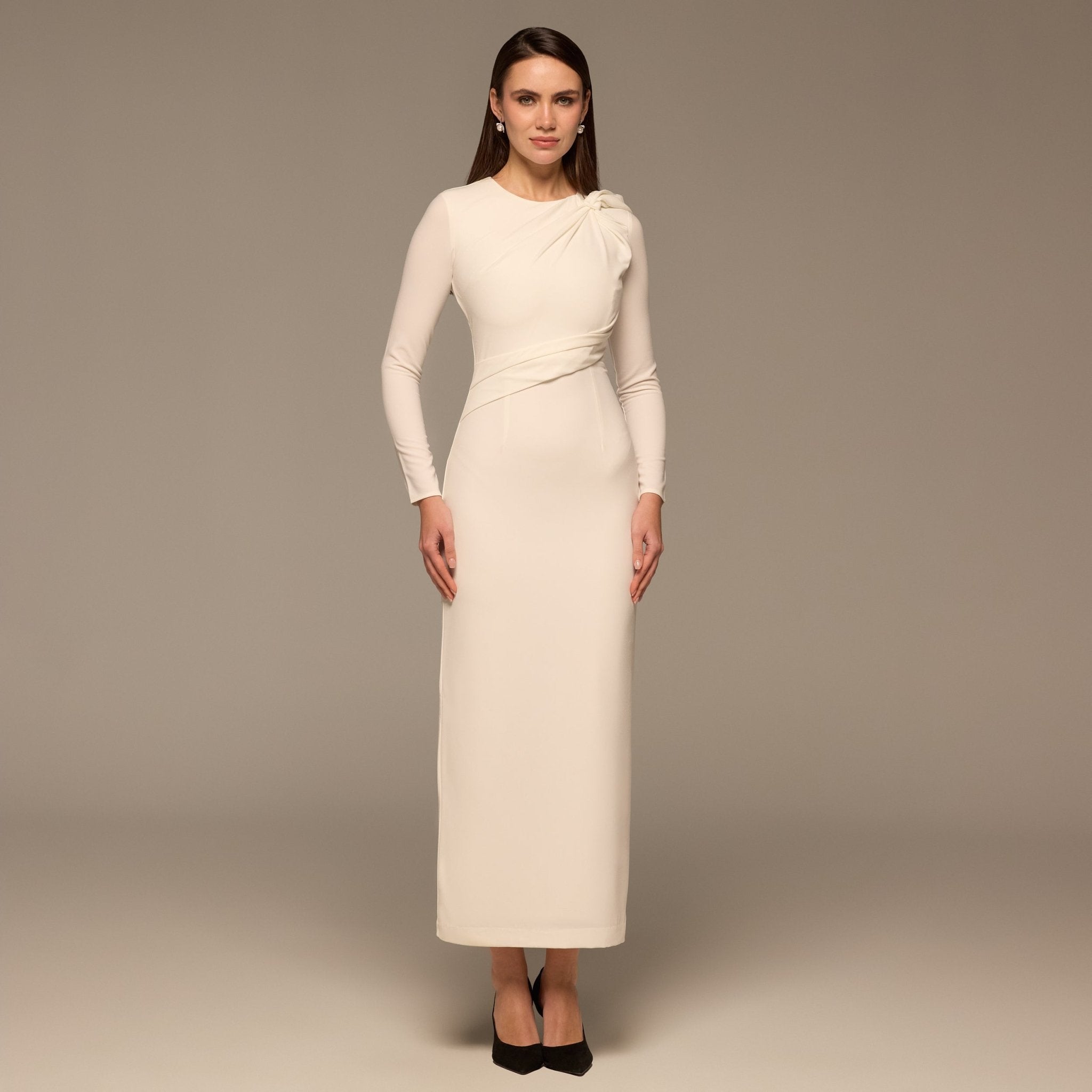 Ivory Gathered Shoulder Crepe Maxi Dress - shopaleena