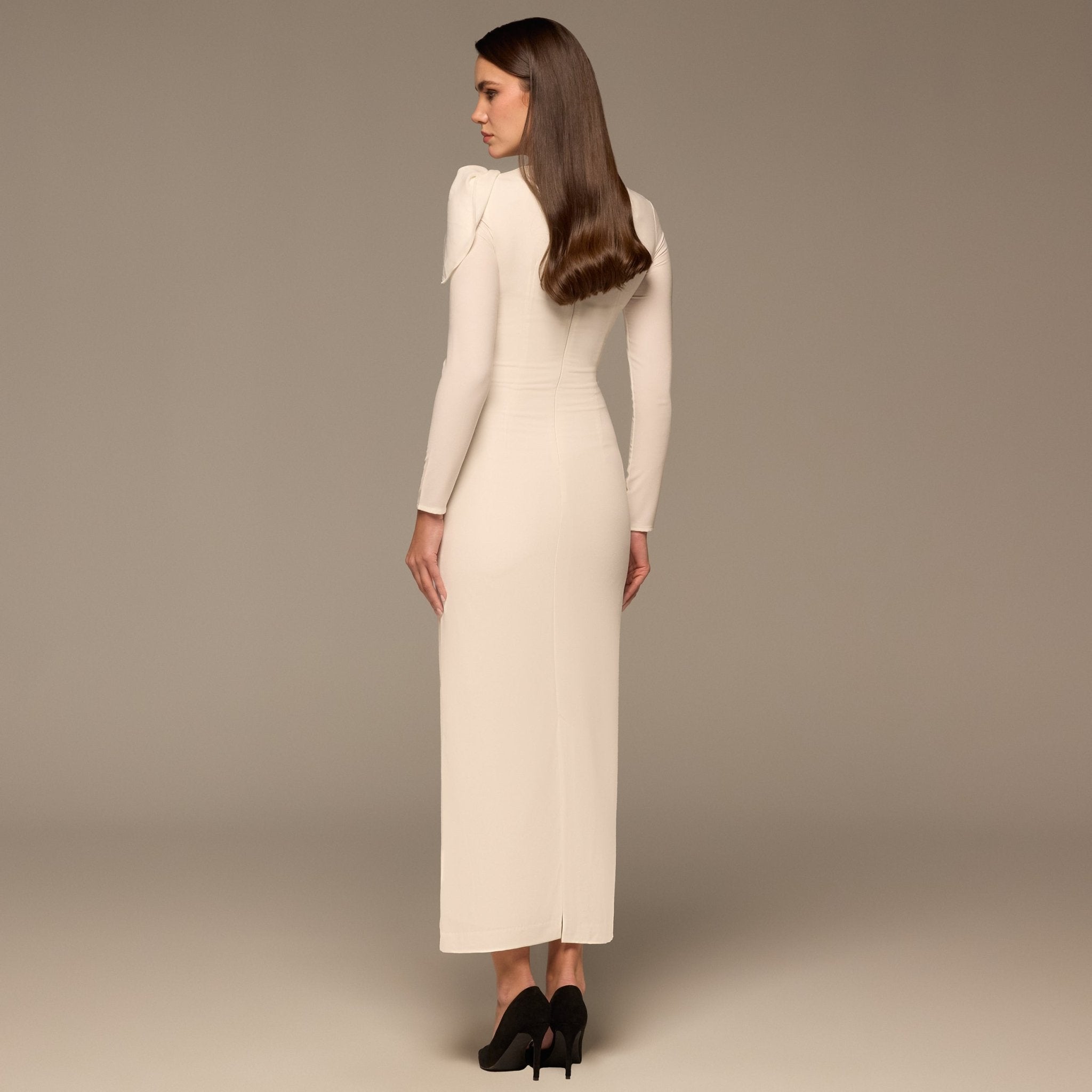 Ivory Gathered Shoulder Crepe Maxi Dress - shopaleena