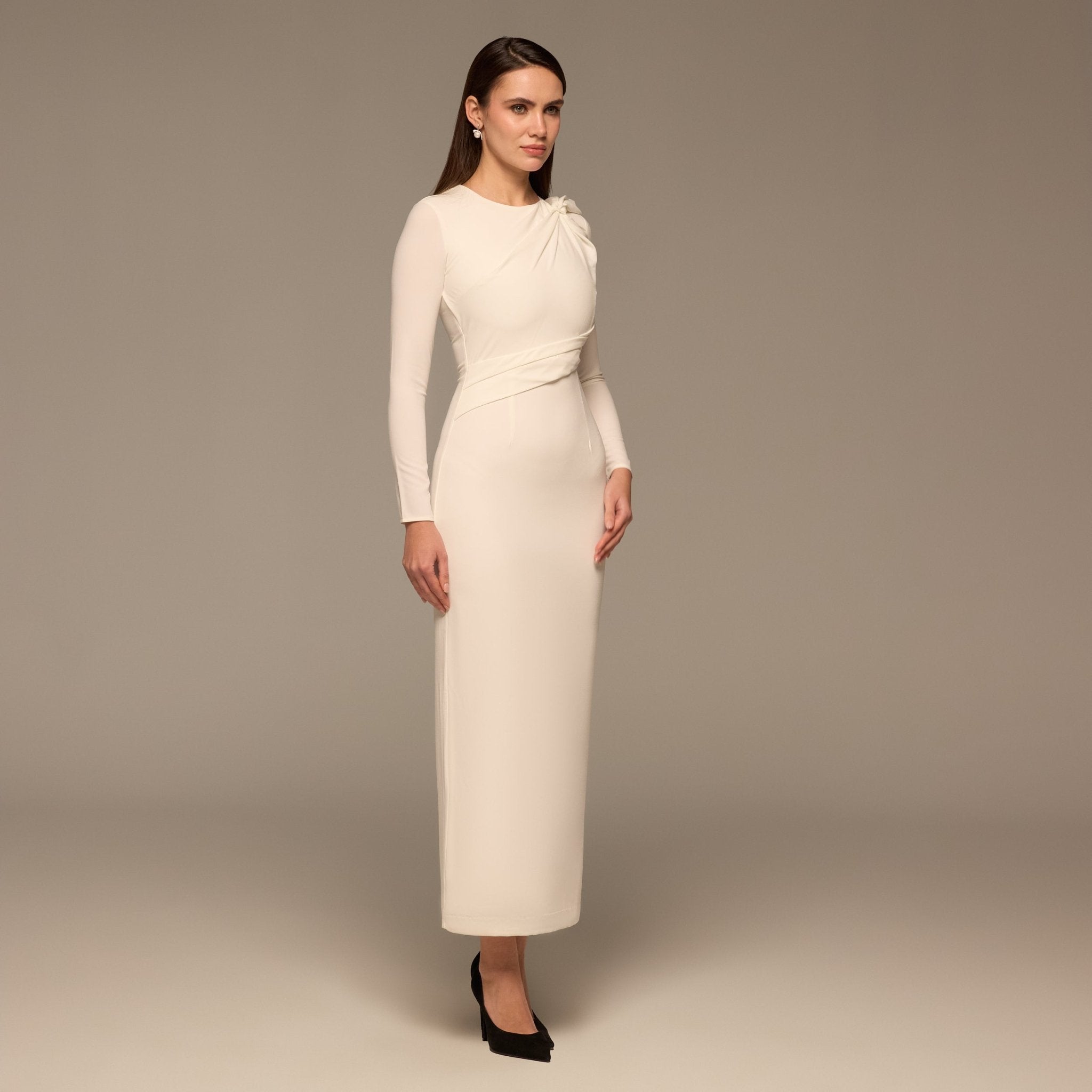 Ivory Gathered Shoulder Crepe Maxi Dress - shopaleena