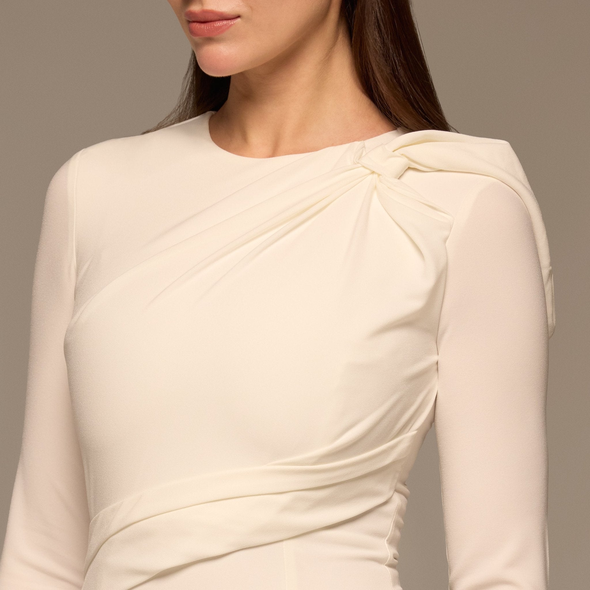 Ivory Gathered Shoulder Crepe Maxi Dress - shopaleena