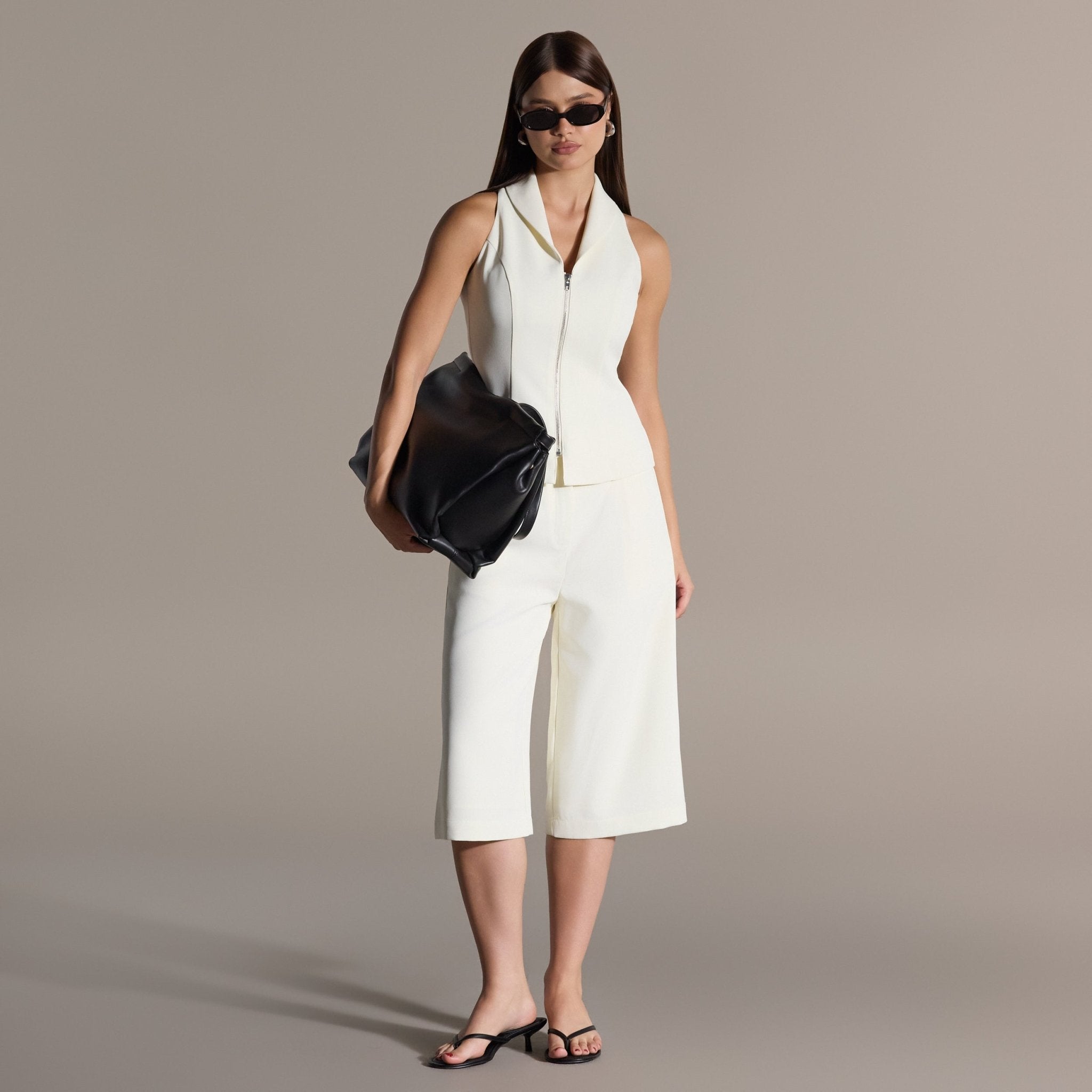 Ivory High-Waist Pleated Wide leg Capris - shopaleena