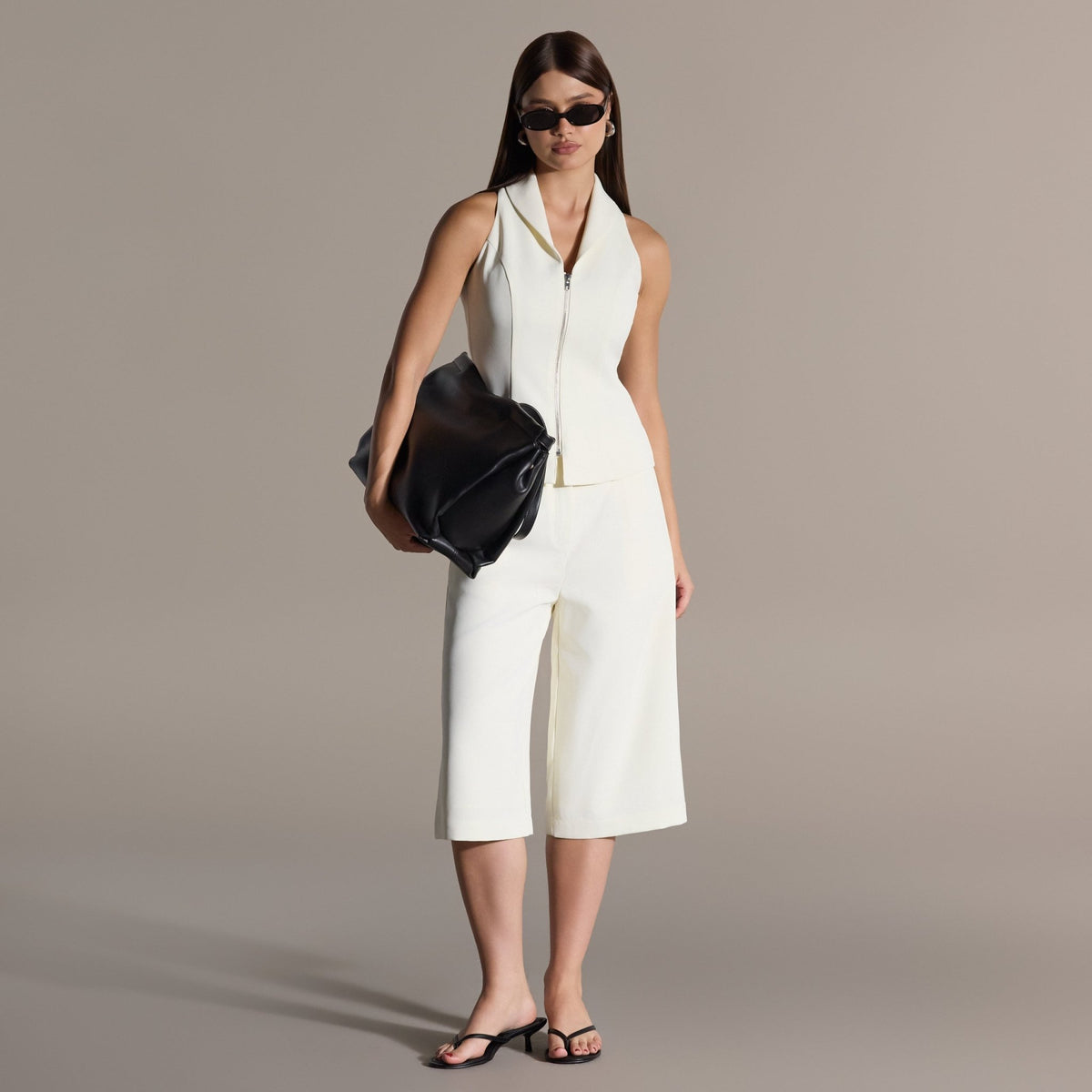 Ivory High-Waist Pleated Wide leg Capris - shopaleena
