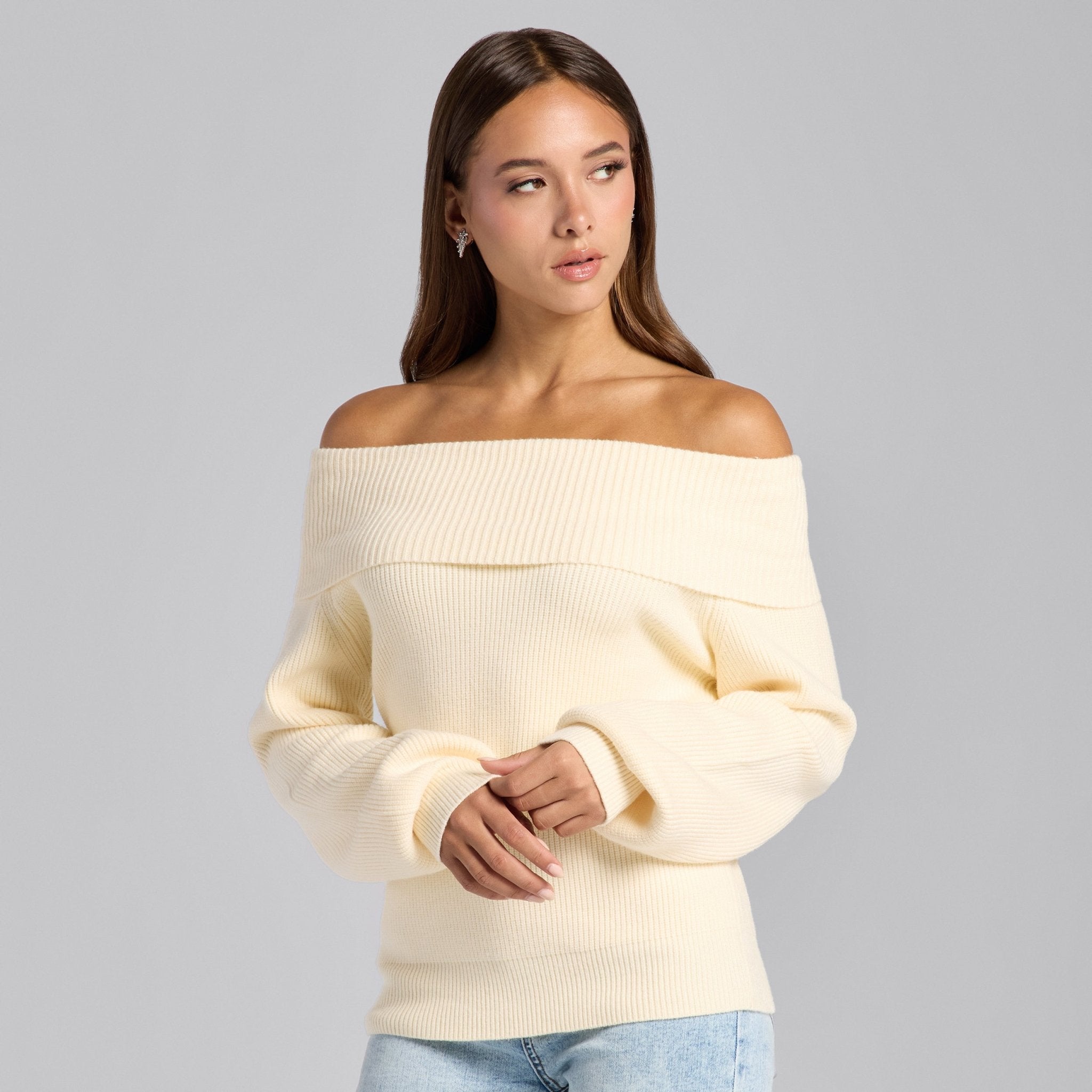 Ivory Knit Fold Off Shoulder Balloon Sleeve Sweater - shopaleena