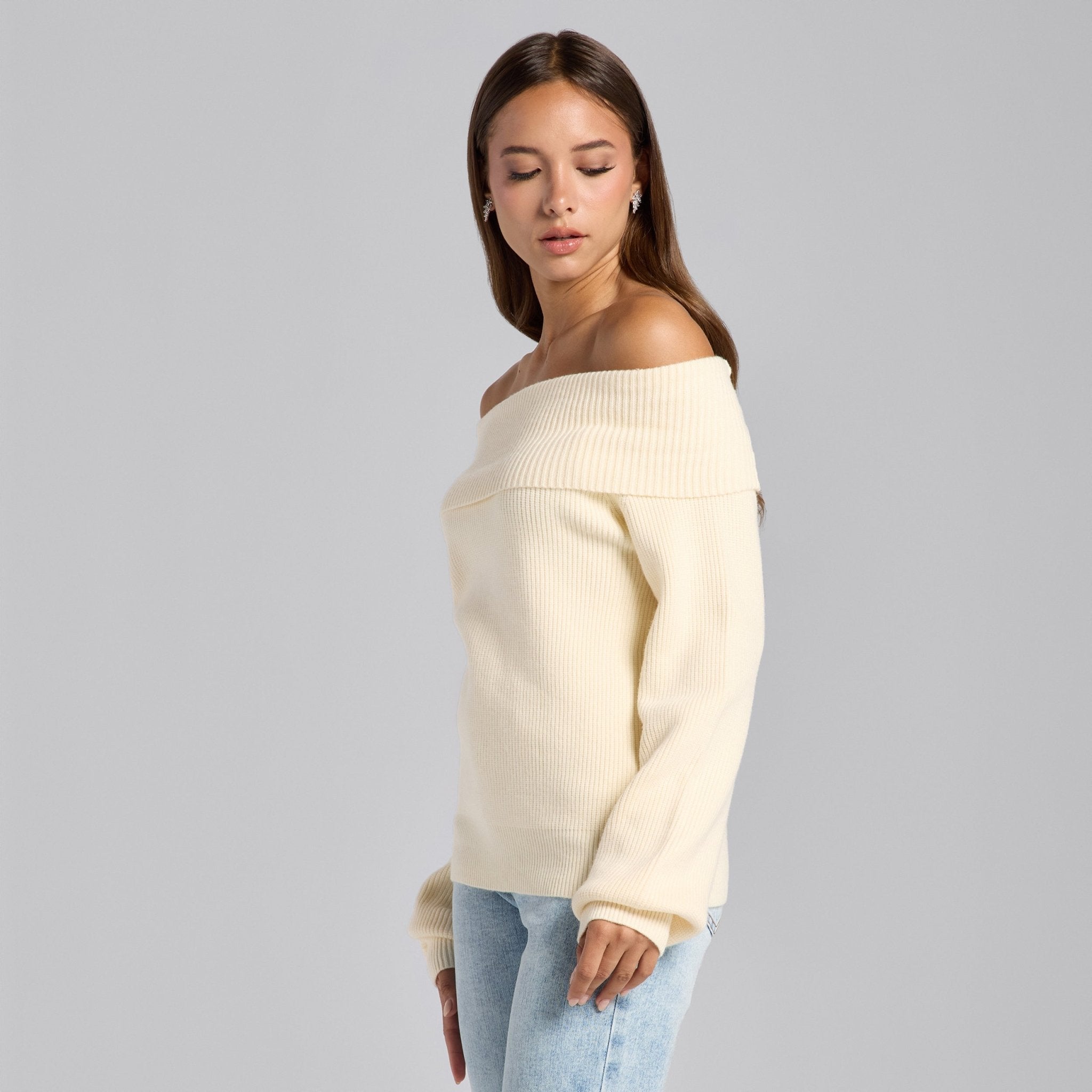 Ivory Knit Fold Off Shoulder Balloon Sleeve Sweater - shopaleena