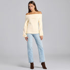 Ivory Knit Fold Off Shoulder Balloon Sleeve Sweater - shopaleena