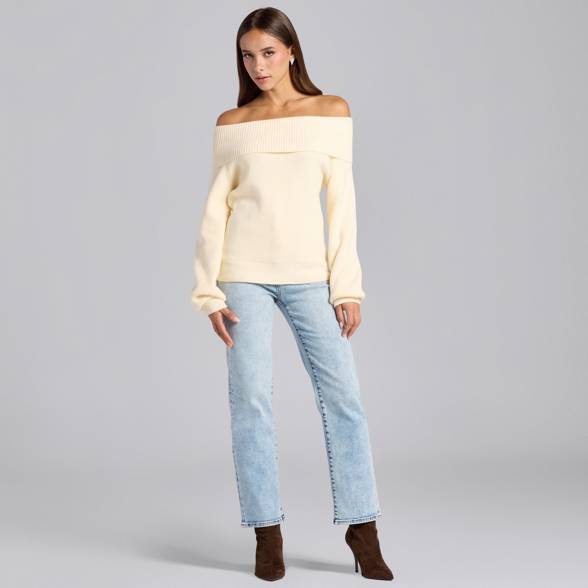 Ivory Knit Fold Off Shoulder Balloon Sleeve Sweater - shopaleena