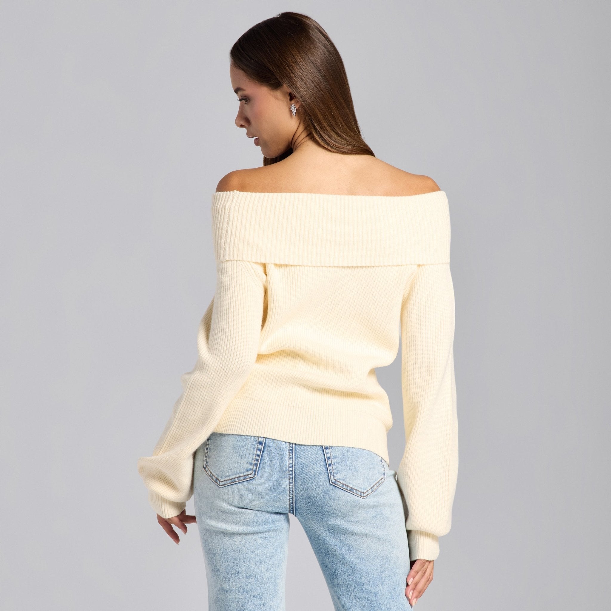 Ivory Knit Fold Off Shoulder Balloon Sleeve Sweater - shopaleena