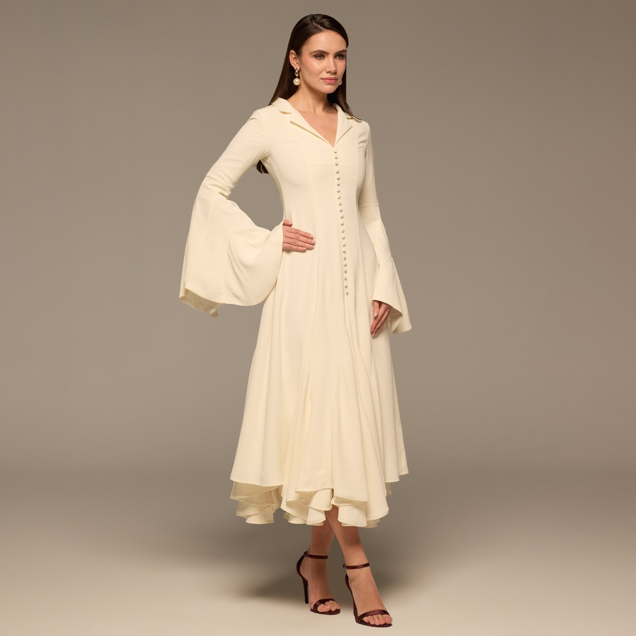 Ivory Lapel Neck Button - Front Crepe Dress - shopaleena