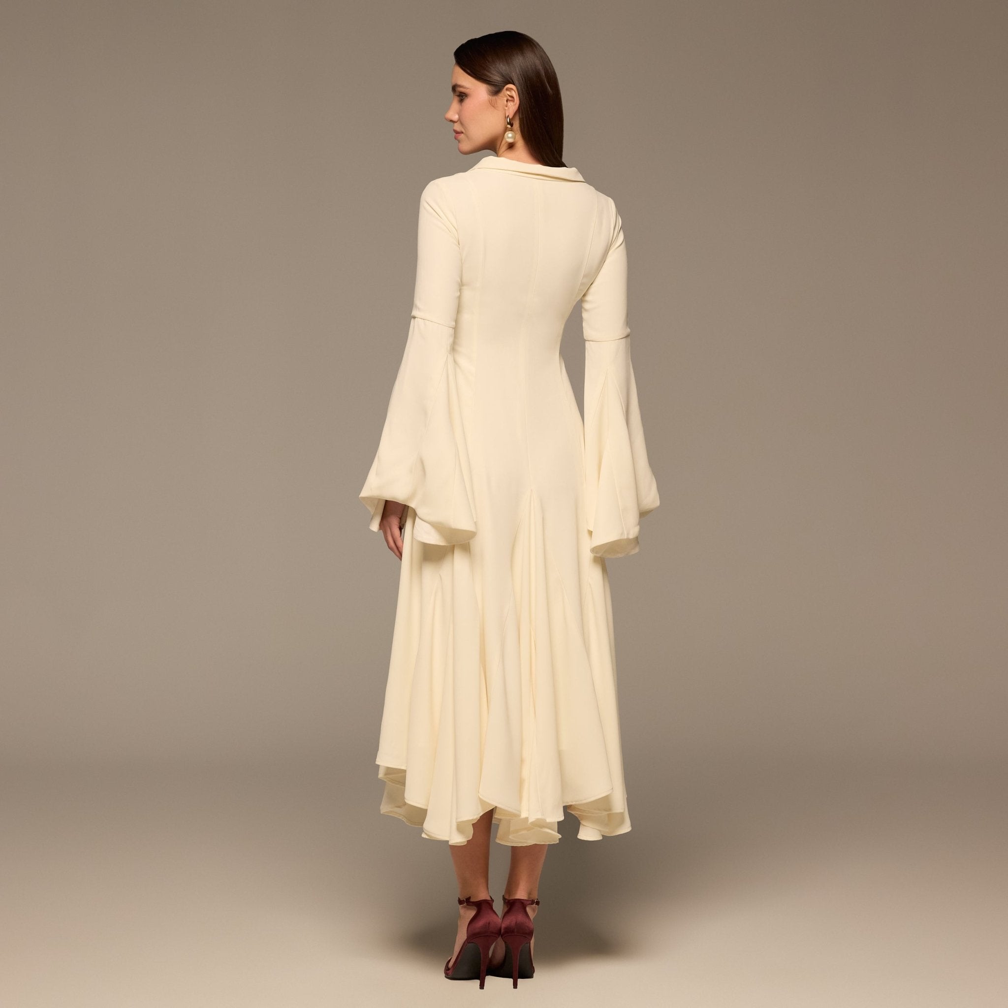 Ivory Lapel Neck Button - Front Crepe Dress - shopaleena