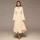 Ivory Lapel Neck Button - Front Crepe Dress - shopaleena