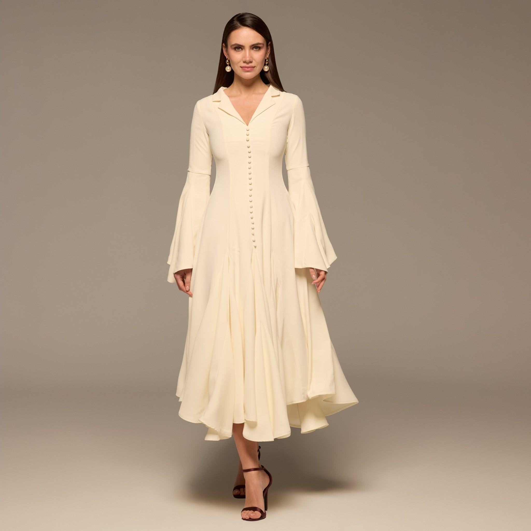 Ivory Lapel Neck Button - Front Crepe Dress - shopaleena