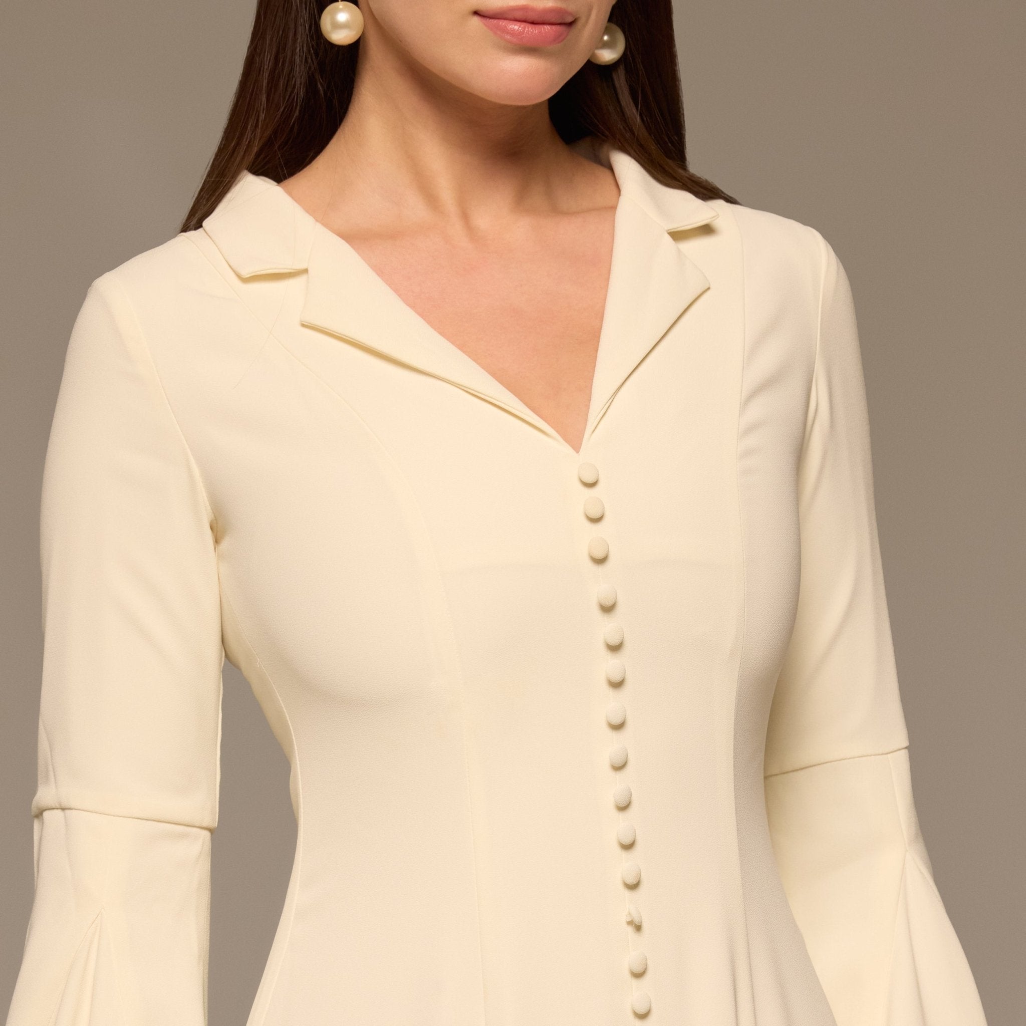 Ivory Lapel Neck Button - Front Crepe Dress - shopaleena