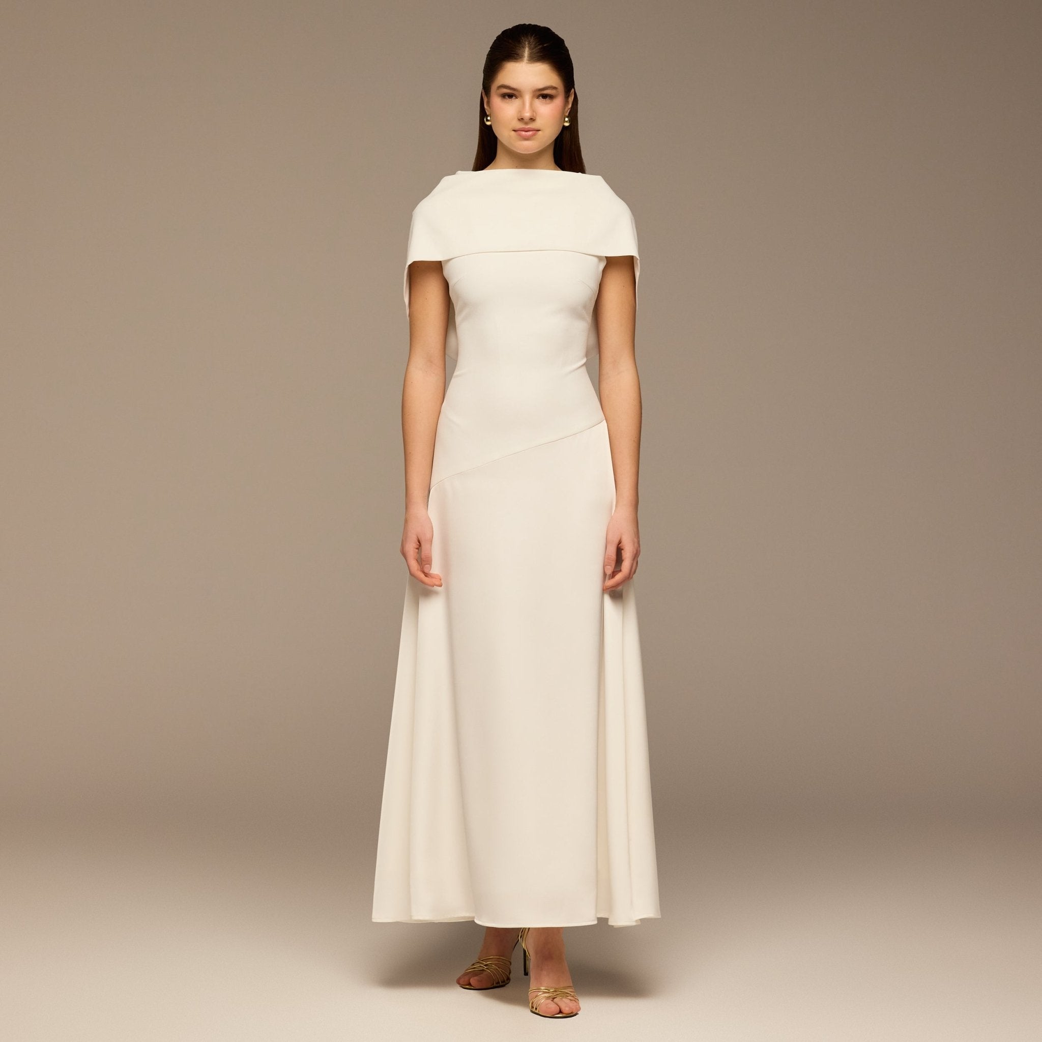 Ivory Off - Shoulder Crepe and Satin Maxi Dress - shopaleena