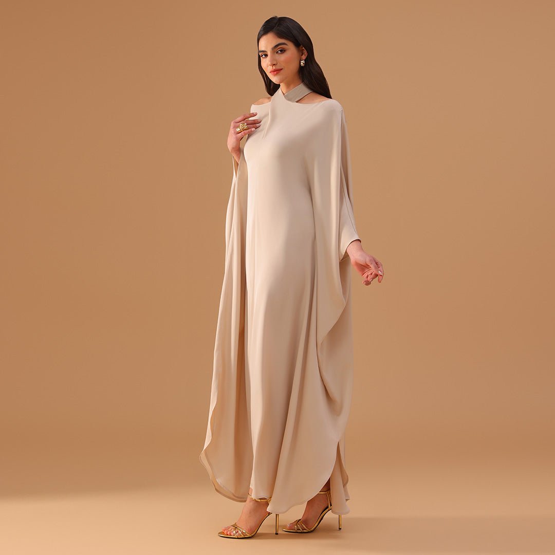 Ivory Off - Shoulder Kaftan with Neck Strap and Inner Belt - shopaleena