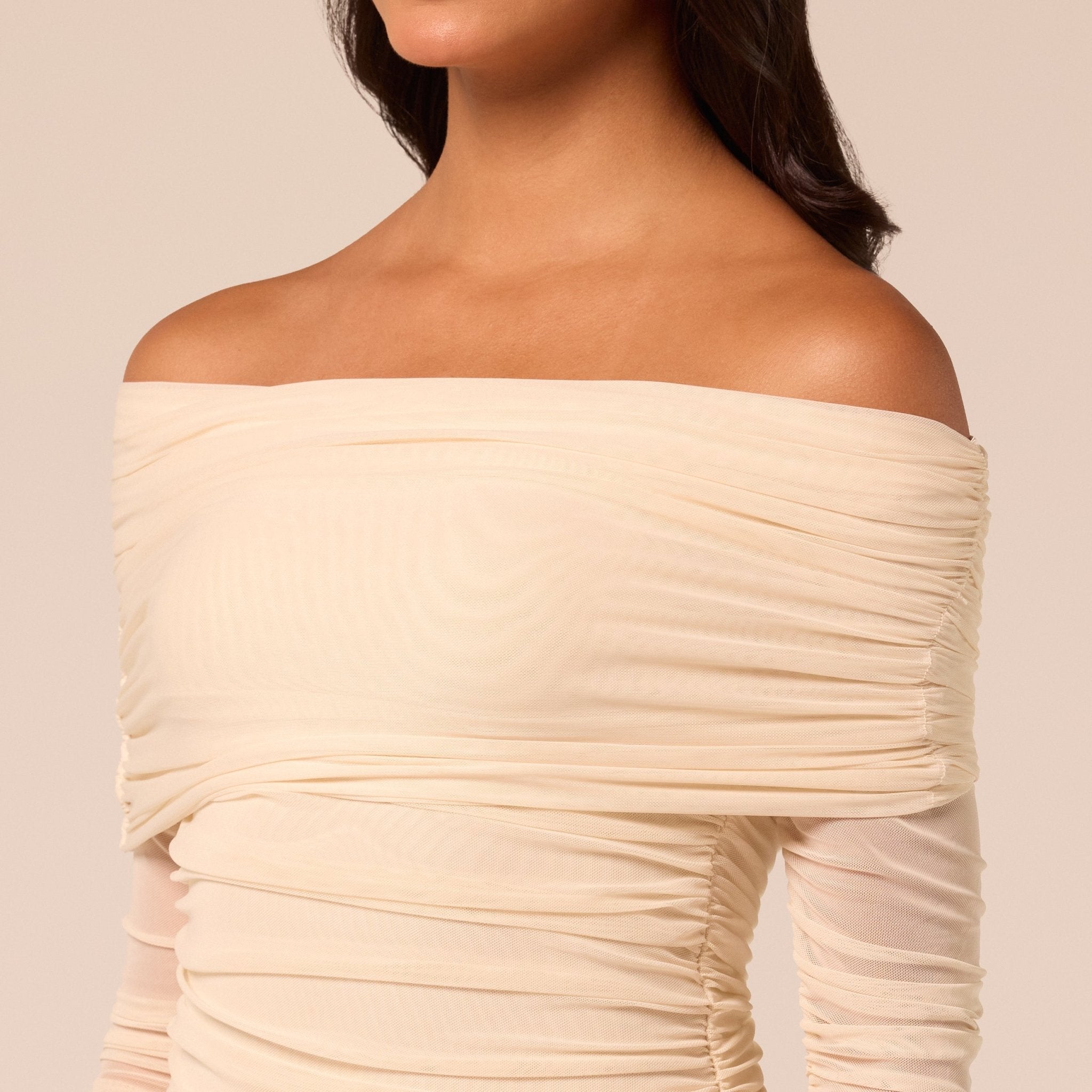 Ivory Off-Shoulder Ruched Tulle Dress - shopaleena