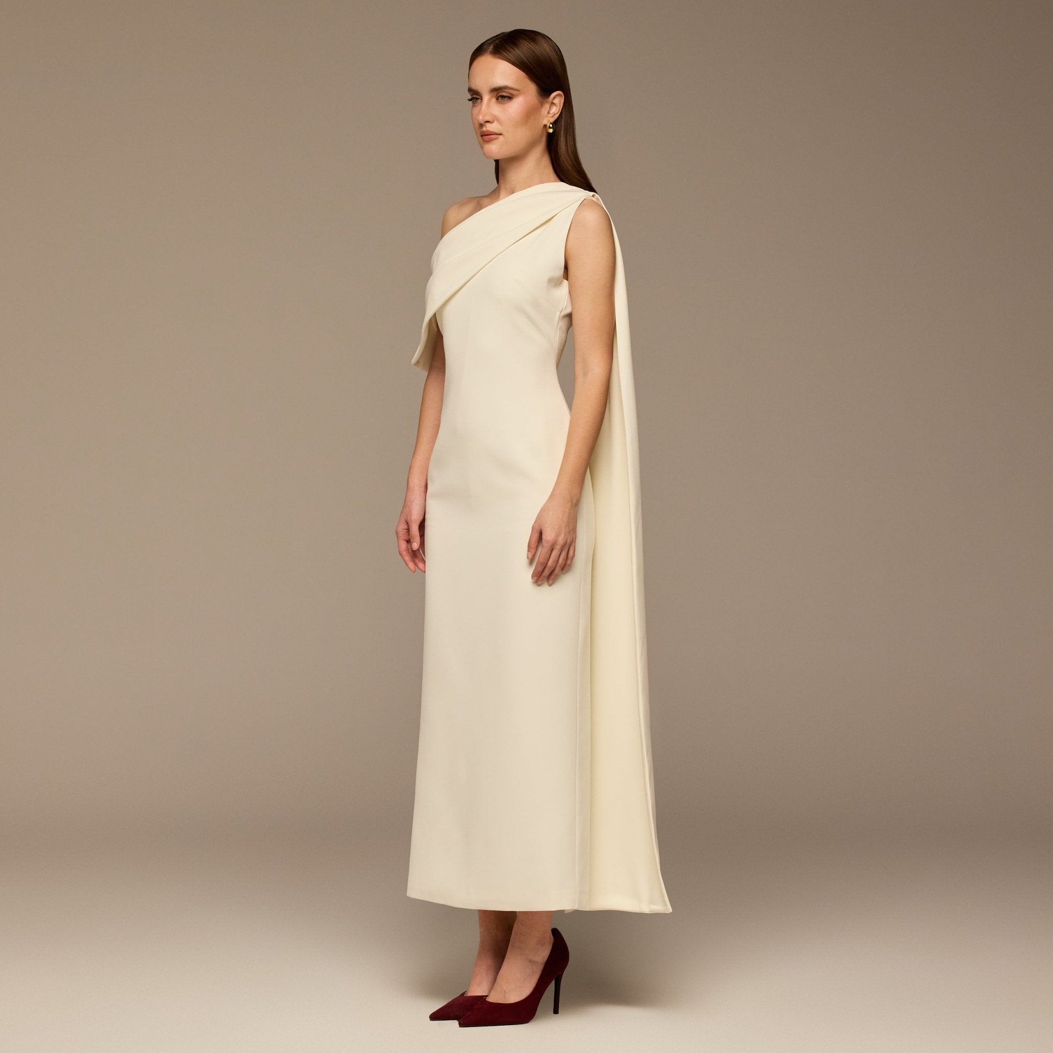 Ivory One - Shoulder Crepe and Satin Dress - shopaleena