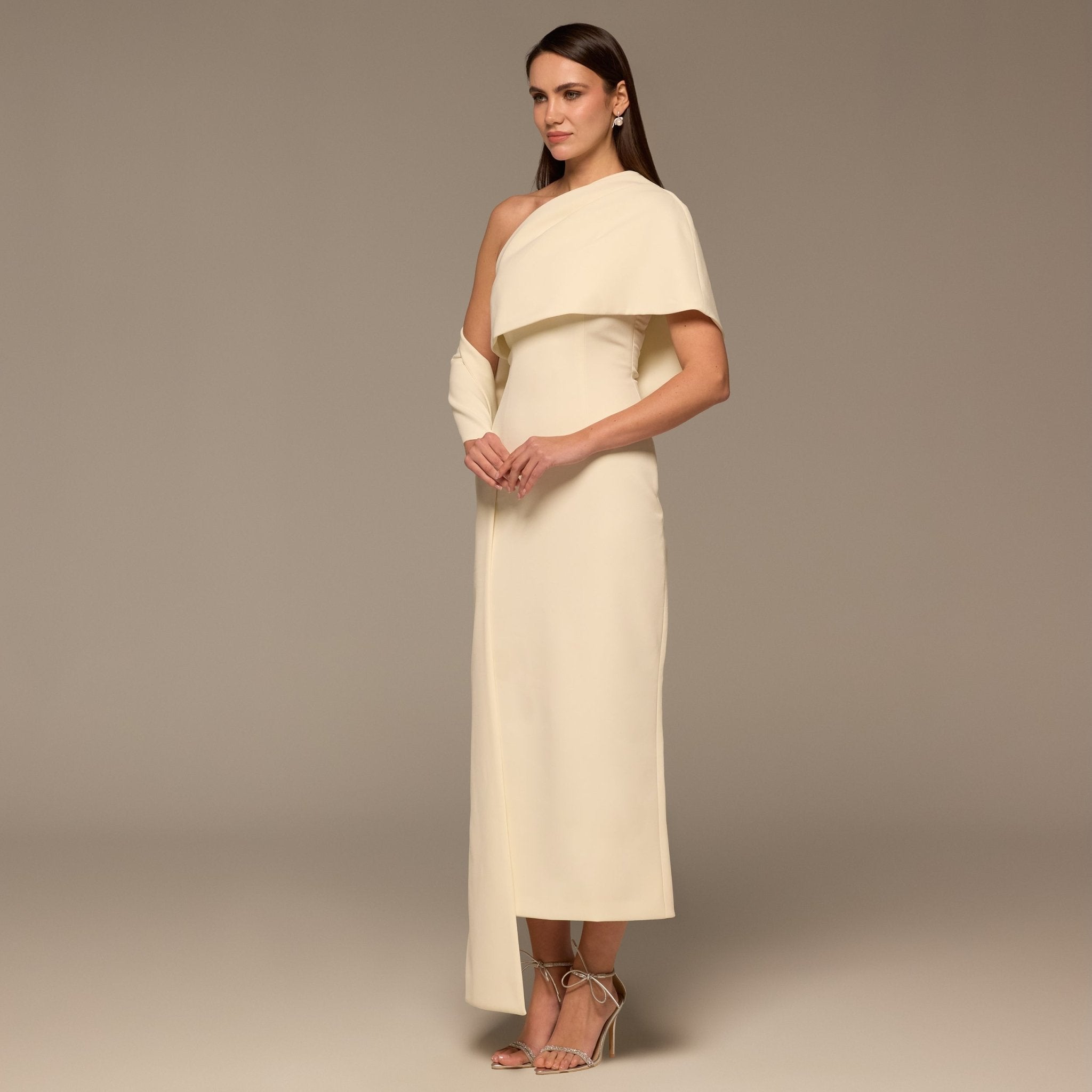 Ivory One Shoulder Draped Crepe Dress - shopaleena