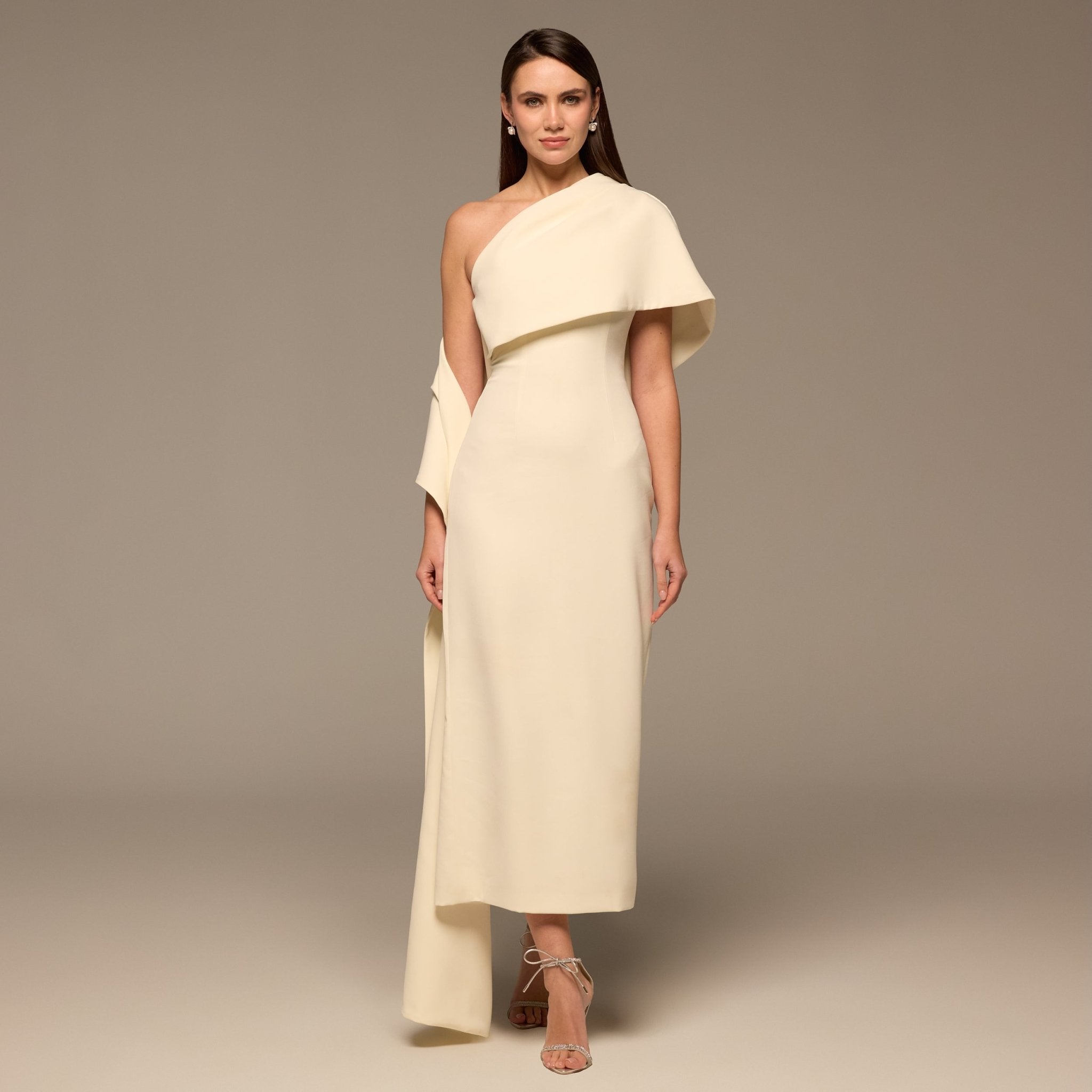 Ivory One Shoulder Draped Crepe Dress - shopaleena