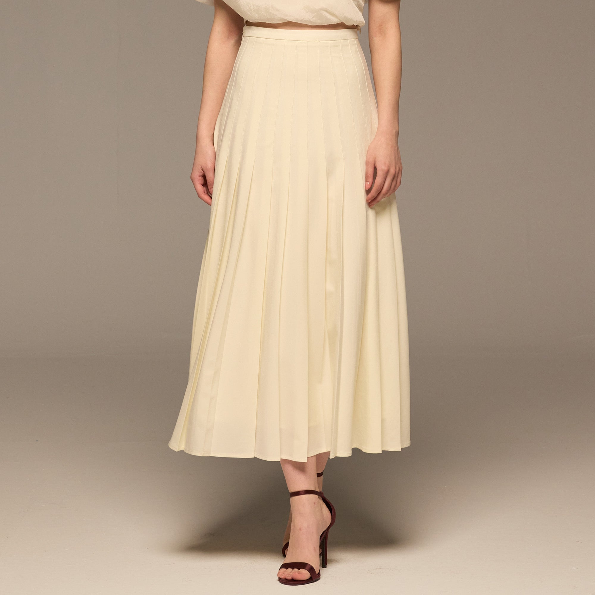 Ivory Pleated A Line Crepe Skirt - shopaleena