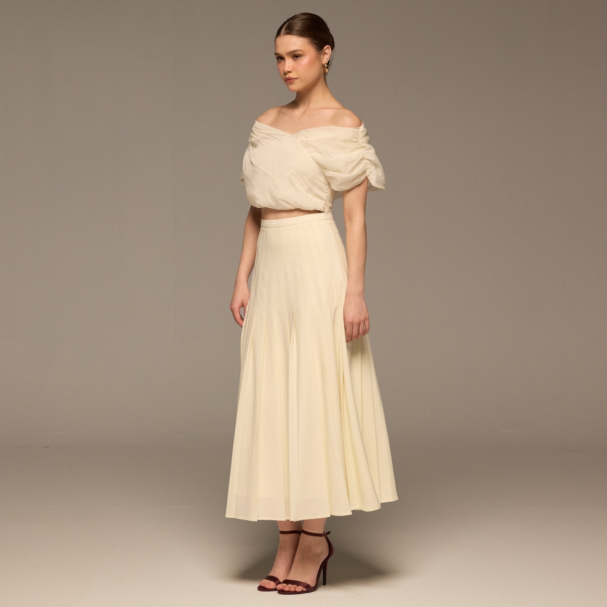 Ivory Pleated A Line Crepe Skirt - shopaleena