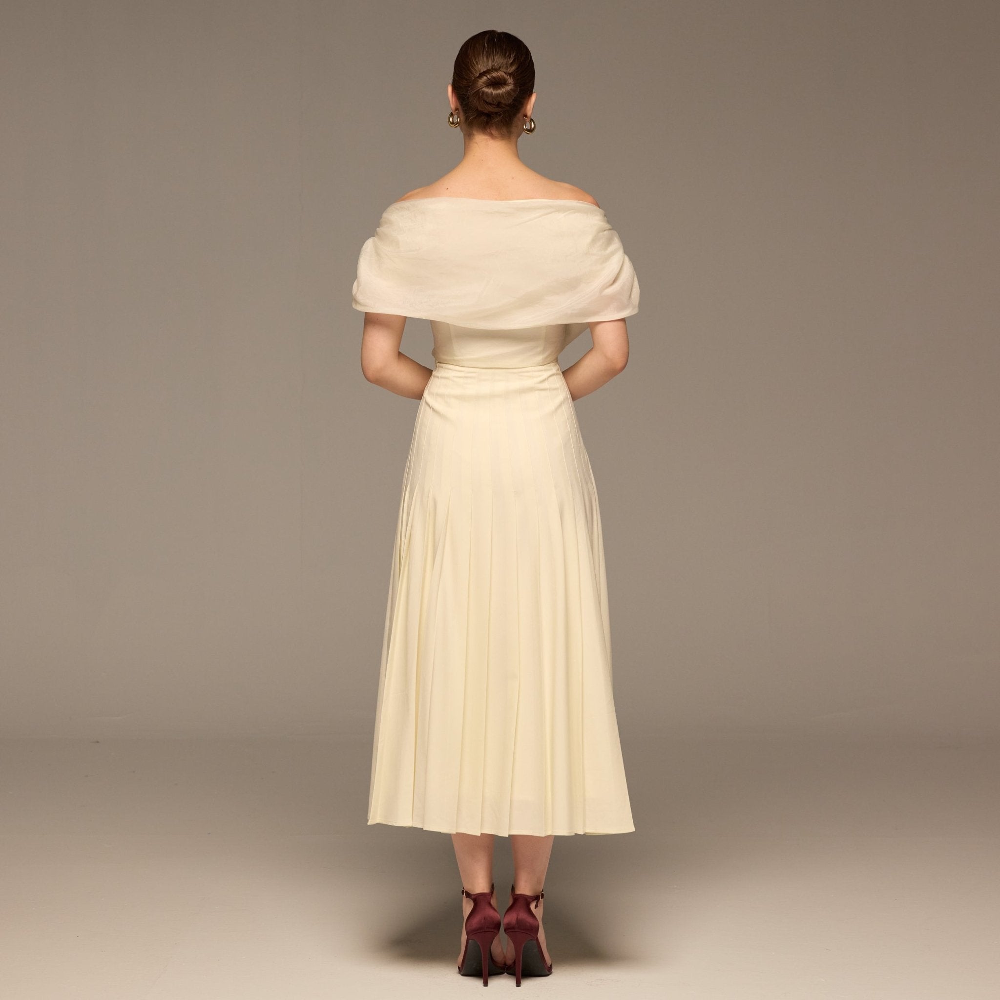 Ivory Pleated A Line Crepe Skirt - shopaleena