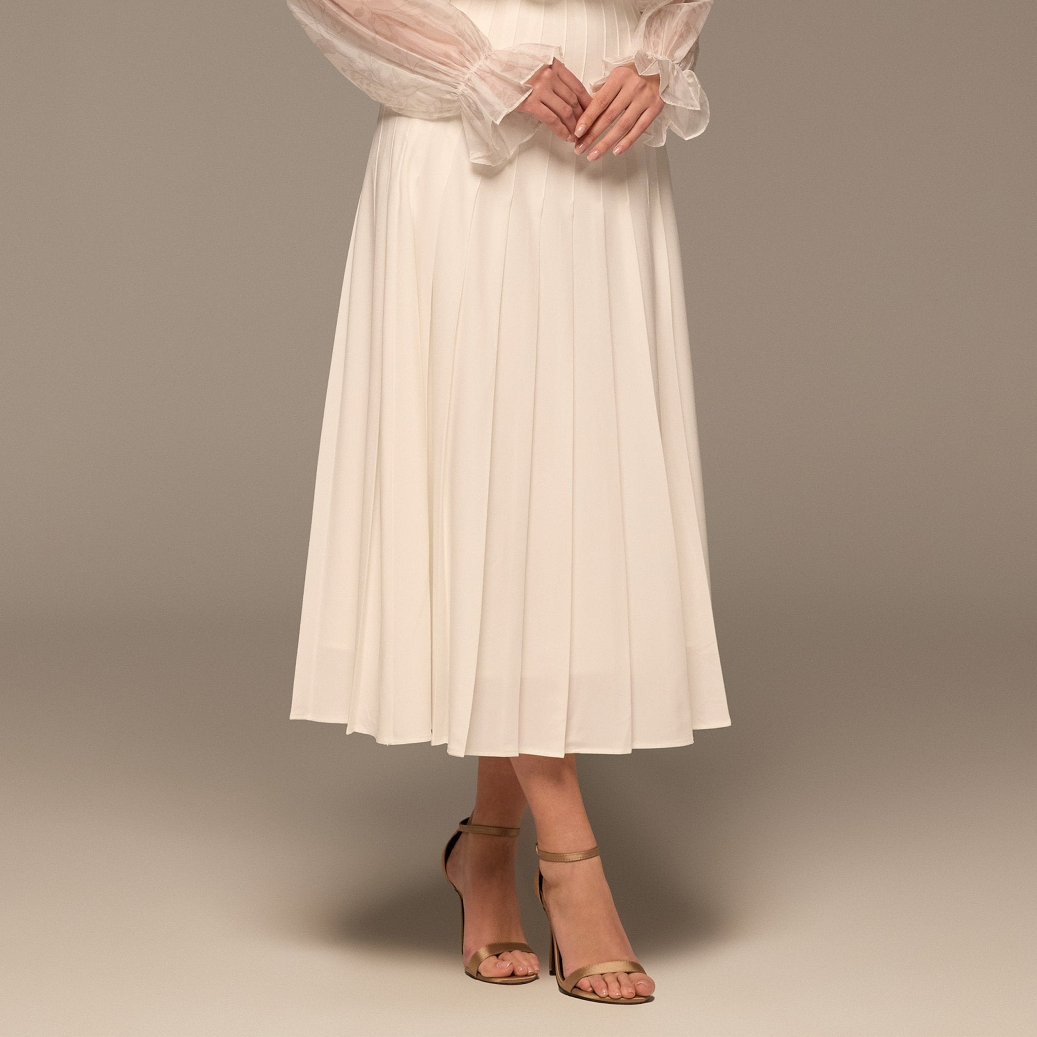 Ivory Pleated A Line Midi Skirt - shopaleena