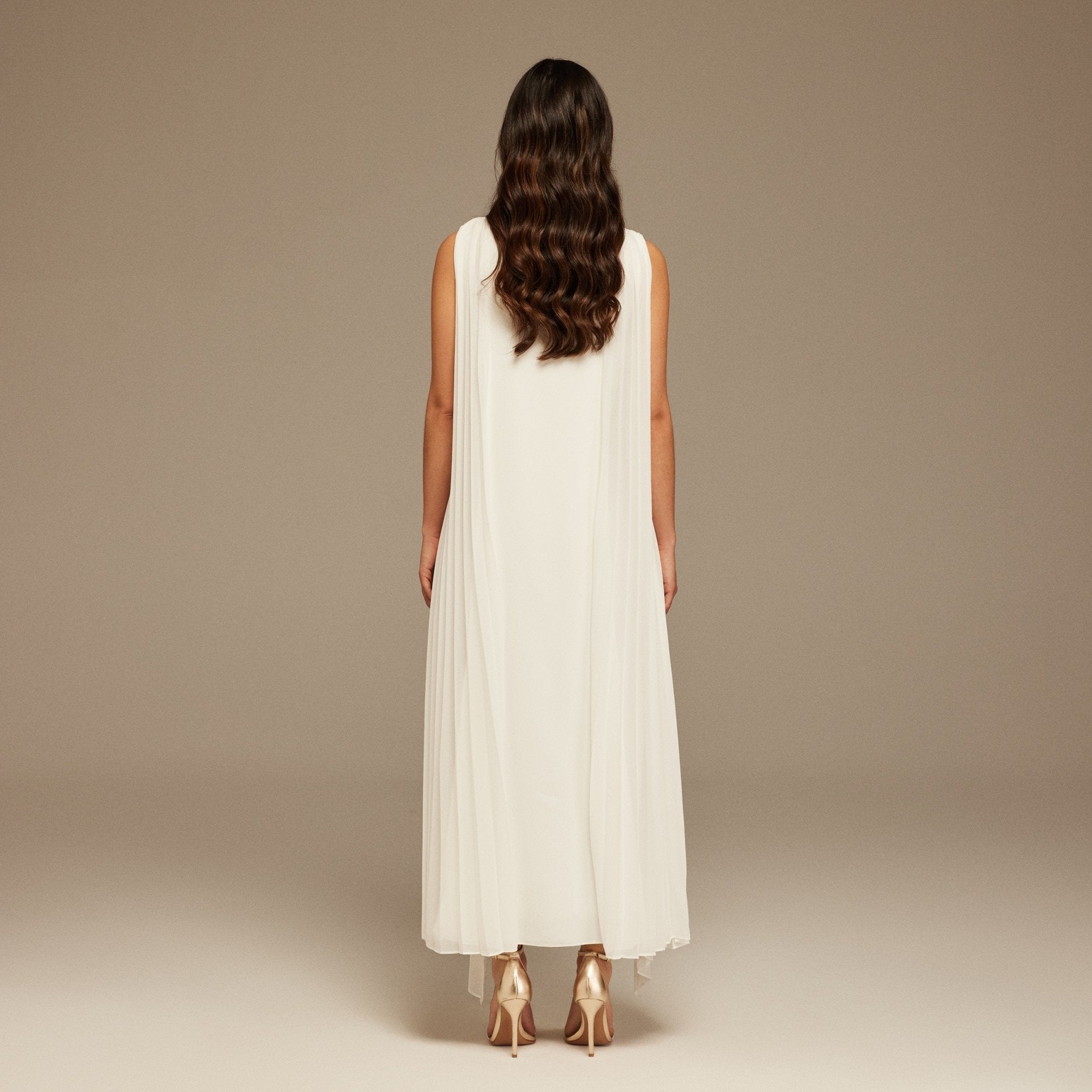 Ivory Pleated cape Sleeveless Crepe dress - shopaleena