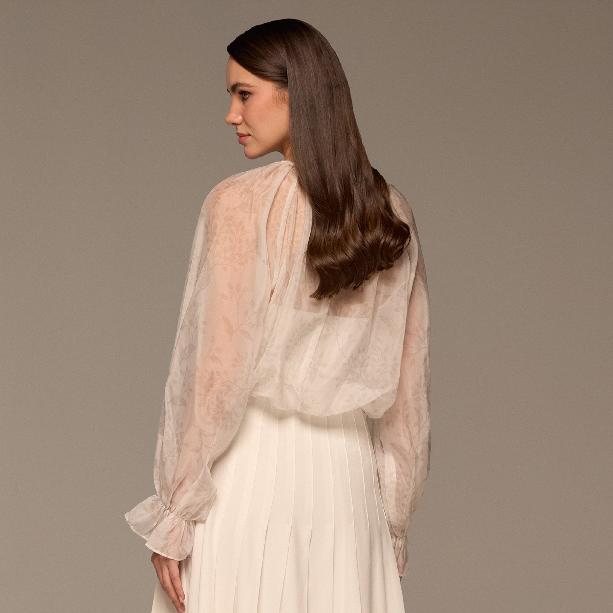 Ivory Printed Puff - Sleeve Organza Blouse - shopaleena