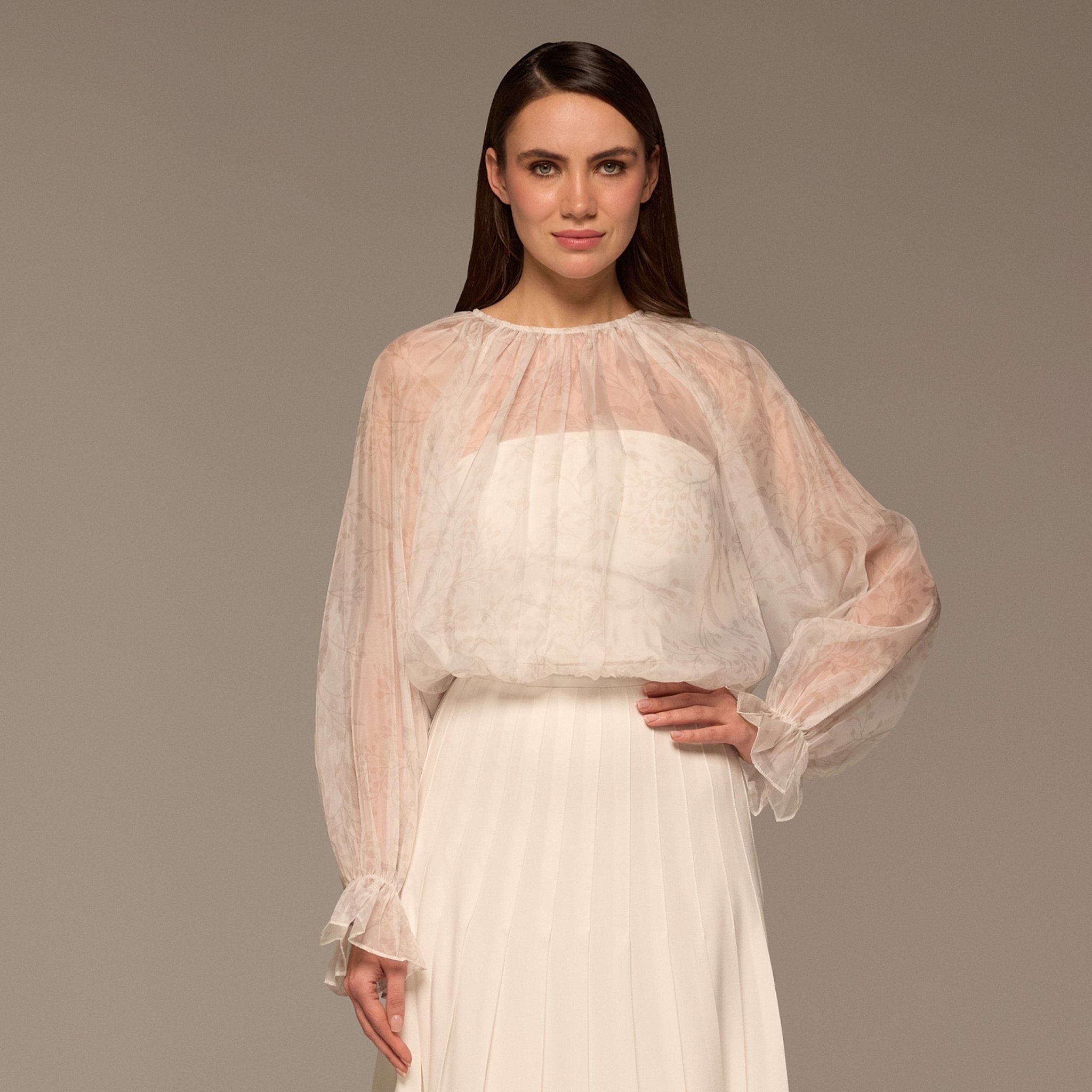 Ivory Printed Puff - Sleeve Organza Blouse - shopaleena