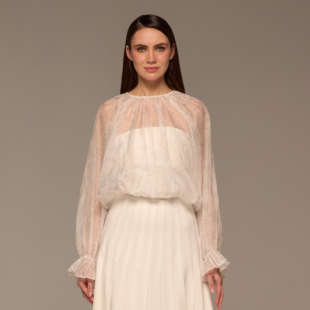 Ivory Printed Puff - Sleeve Organza Blouse - shopaleena