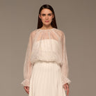 Ivory Printed Puff - Sleeve Organza Blouse - shopaleena