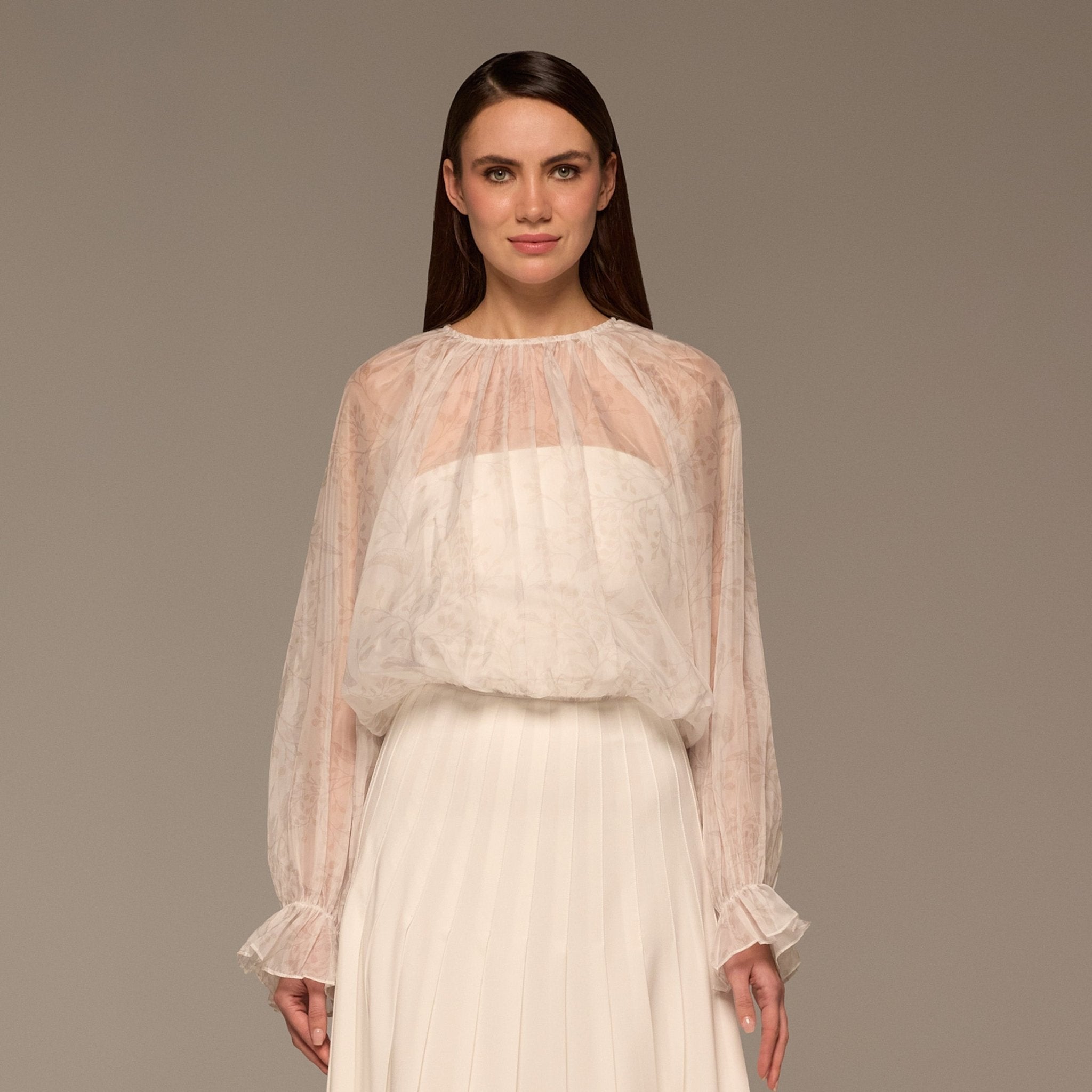 Ivory Printed Puff - Sleeve Organza Blouse - shopaleena