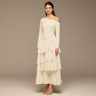 Ivory Ruched Long Sleeve Jersey Maxi Dress - shopaleena