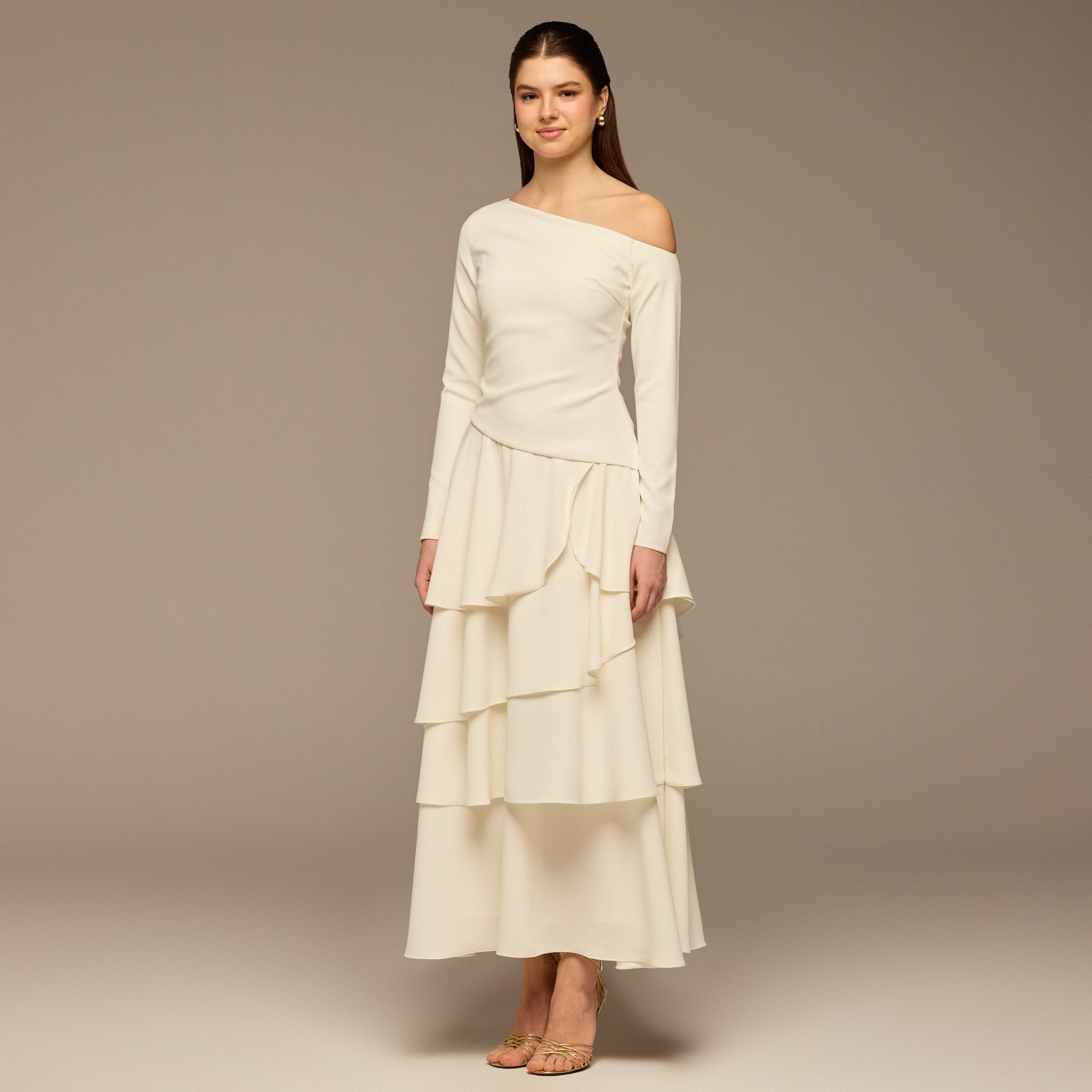 Ivory Ruched Long Sleeve Jersey Maxi Dress - shopaleena