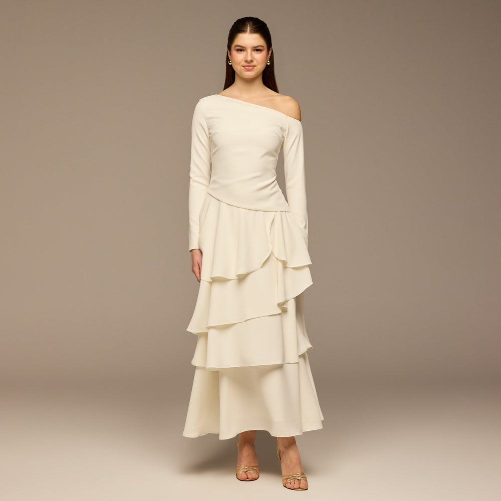 Ivory Ruched Long Sleeve Jersey Maxi Dress - shopaleena
