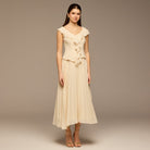 Ivory Ruffle Neck Pleated Chiffon Dress - shopaleena