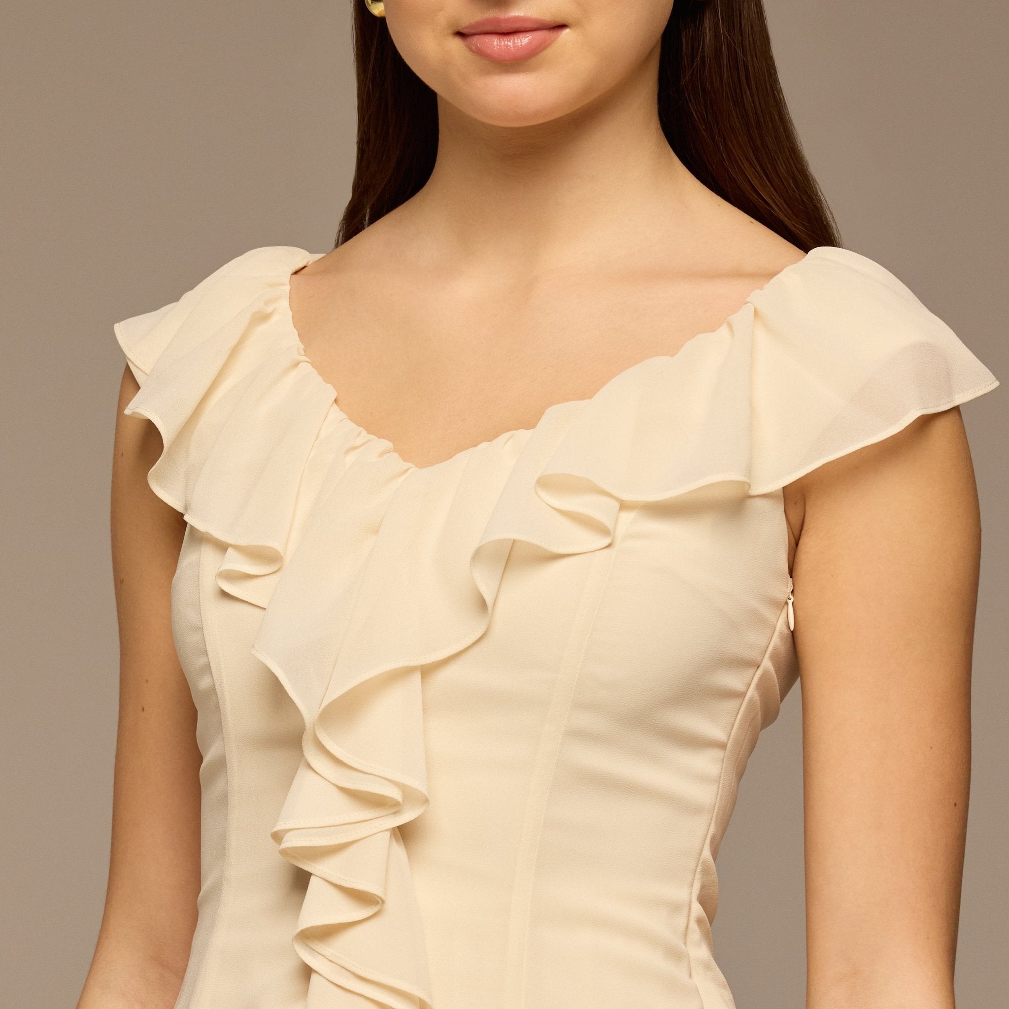 Ivory Ruffle Neck Pleated Chiffon Dress - shopaleena