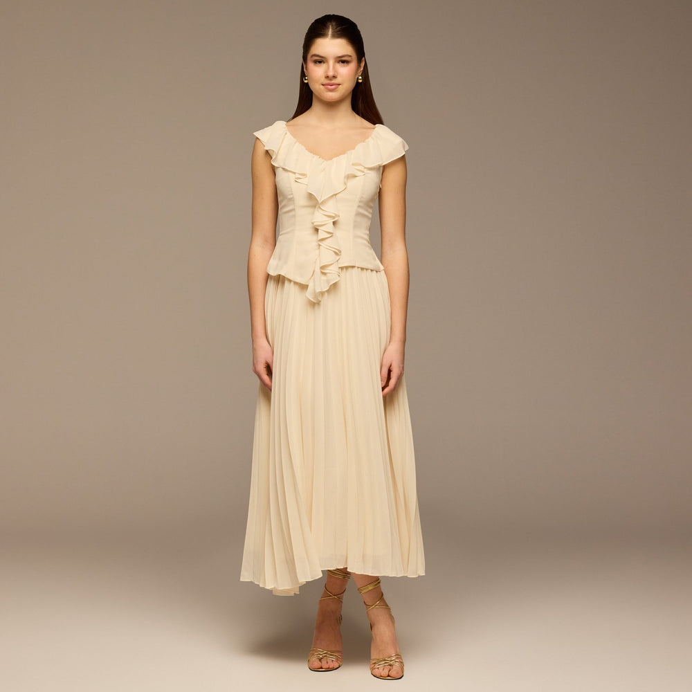 Ivory Ruffle Neck Pleated Chiffon Dress - shopaleena