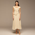 Ivory Ruffle Neck Pleated Chiffon Dress - shopaleena