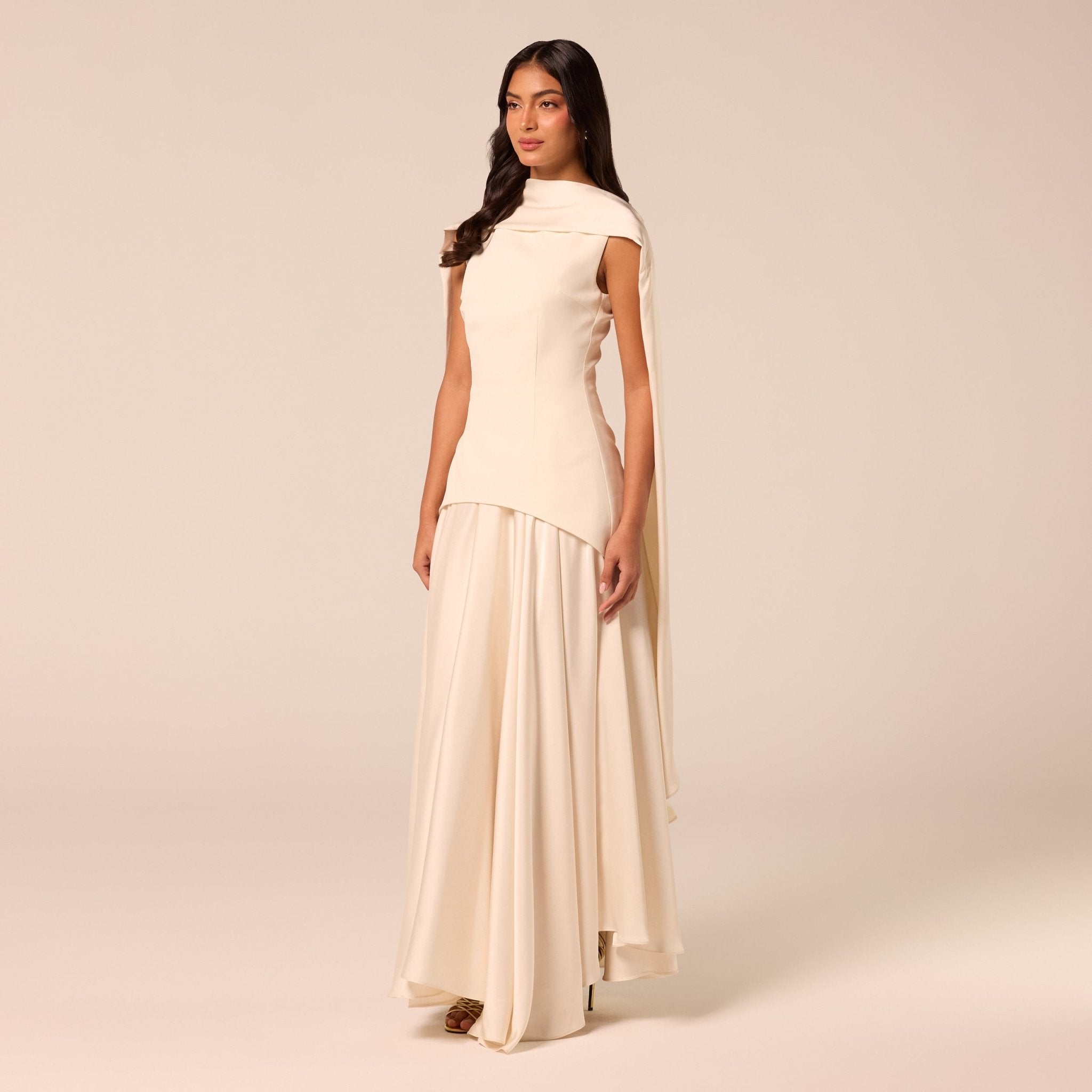 Ivory Satin & Crepe Maxi Dress with Back Scarf - shopaleena