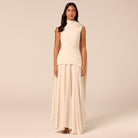 Ivory Satin & Crepe Maxi Dress with Back Scarf - shopaleena