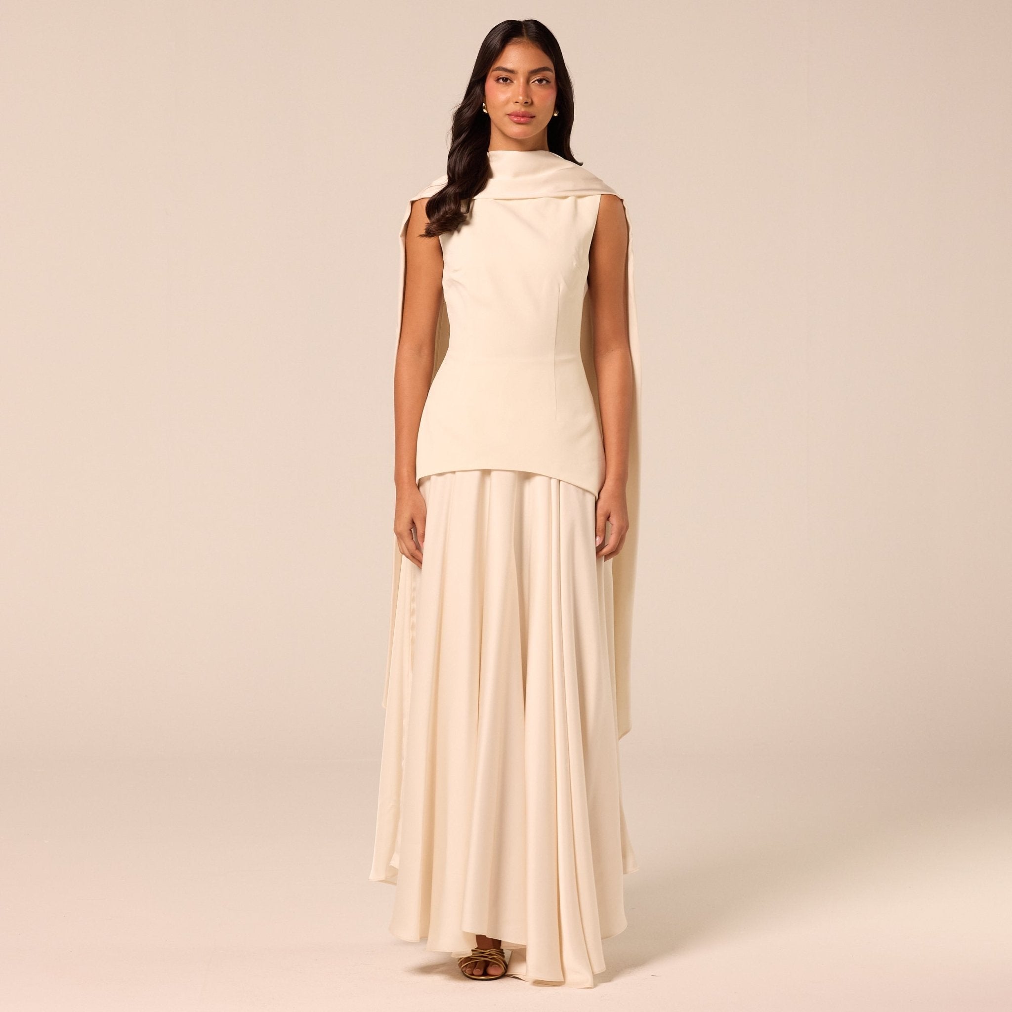 Ivory Satin & Crepe Maxi Dress with Back Scarf - shopaleena