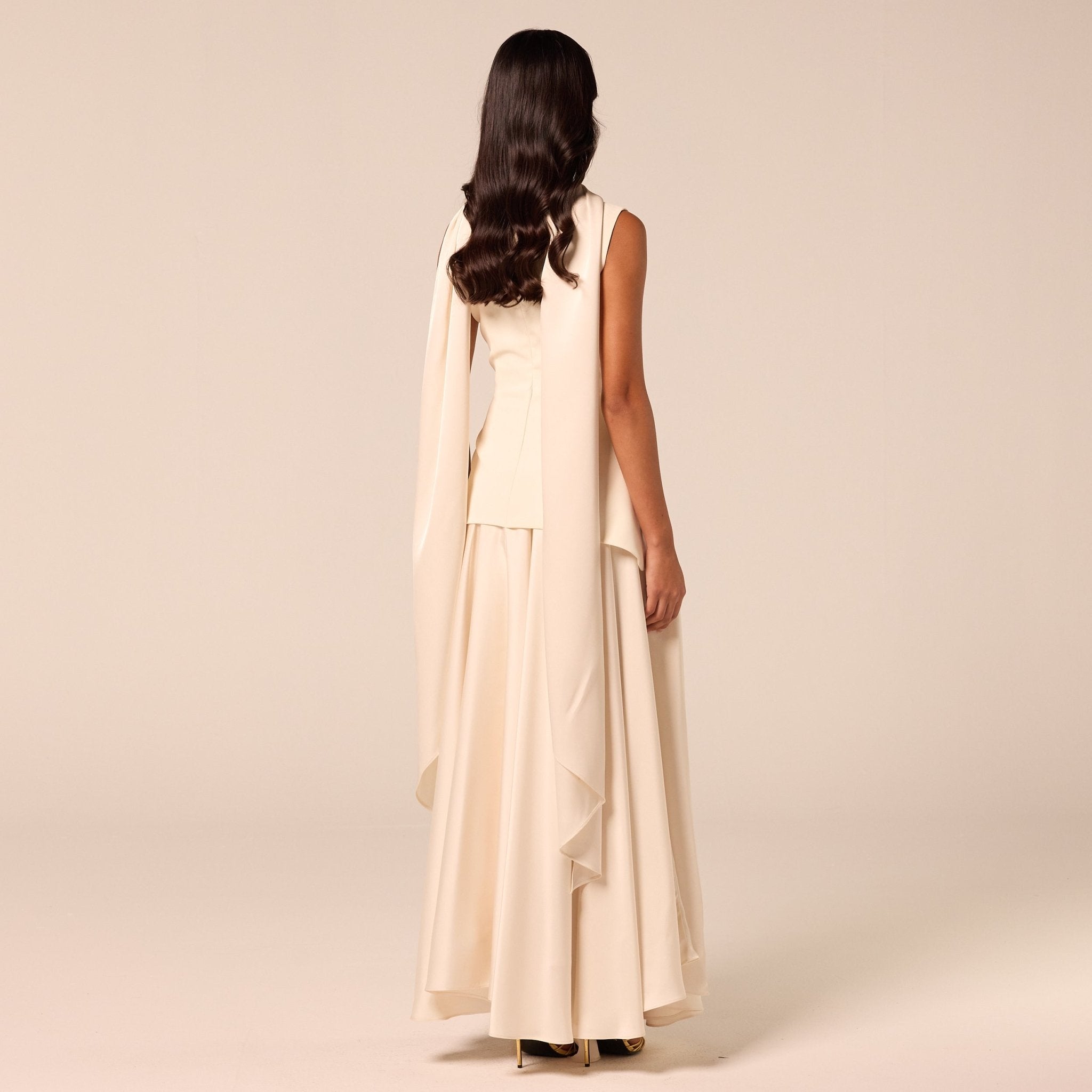 Ivory Satin & Crepe Maxi Dress with Back Scarf - shopaleena