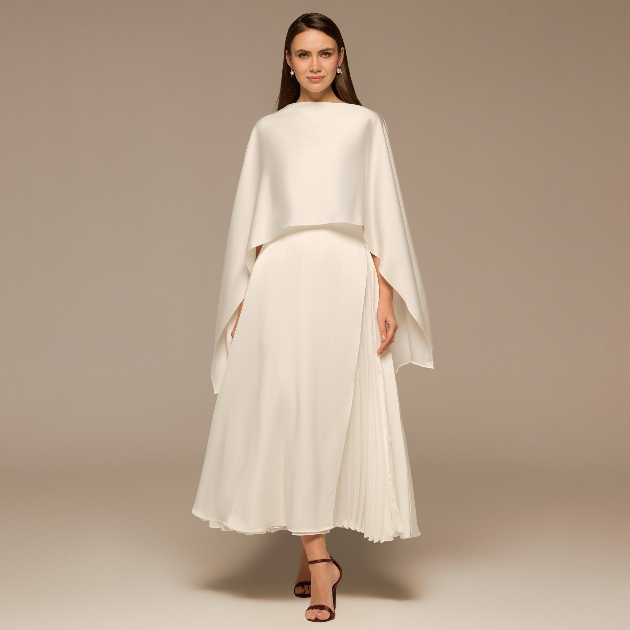 Ivory Satin Dress with Cape Sleeves - shopaleena