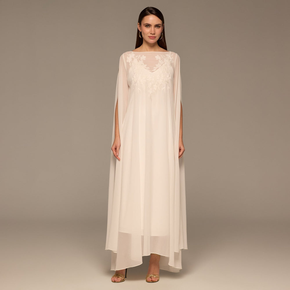 Ivory Satin Dress with Embroidered Chiffon Overlay - shopaleena