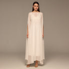 Ivory Satin Dress with Embroidered Chiffon Overlay - shopaleena