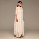 Ivory Satin Dress with Embroidered Chiffon Overlay - shopaleena