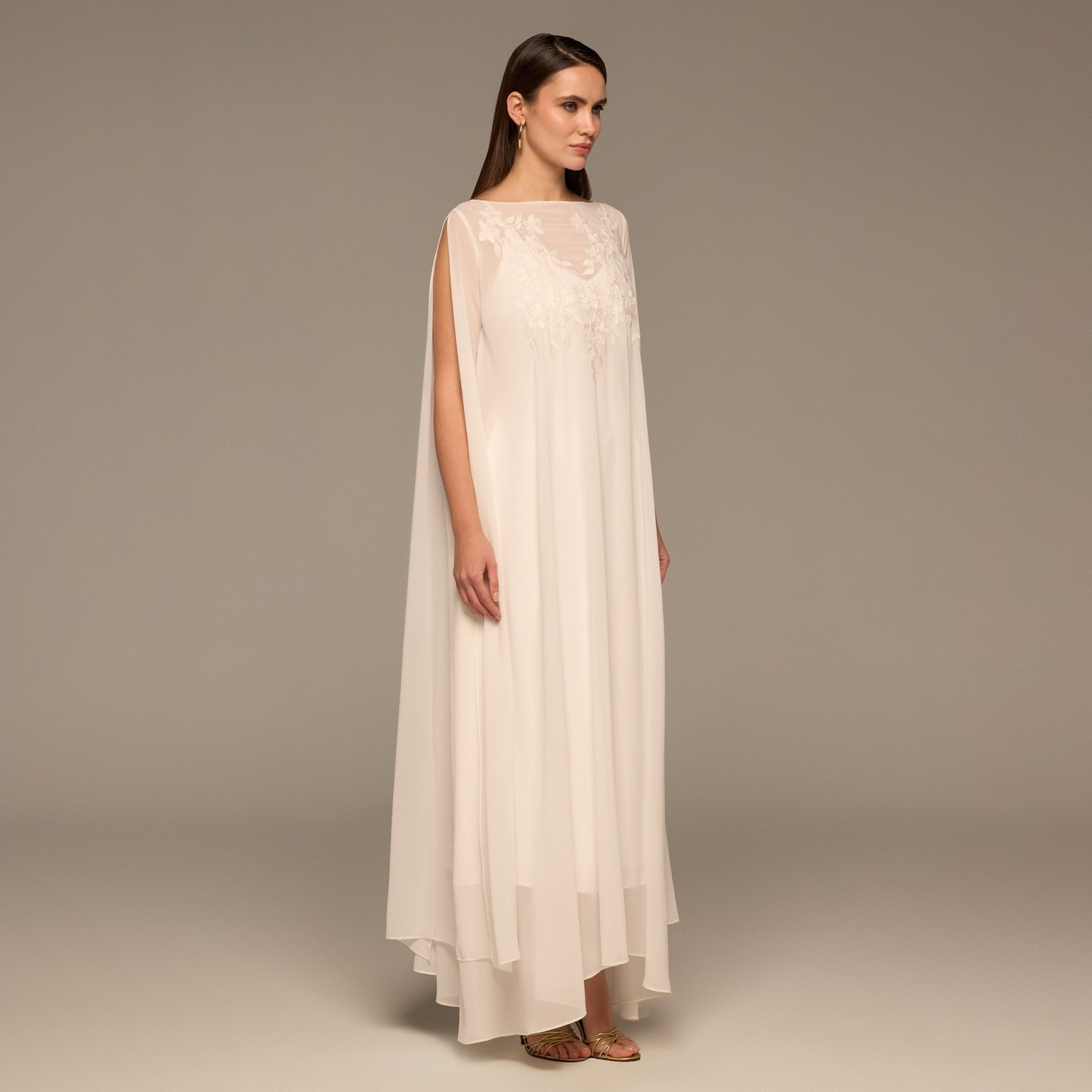 Ivory Satin Dress with Embroidered Chiffon Overlay - shopaleena